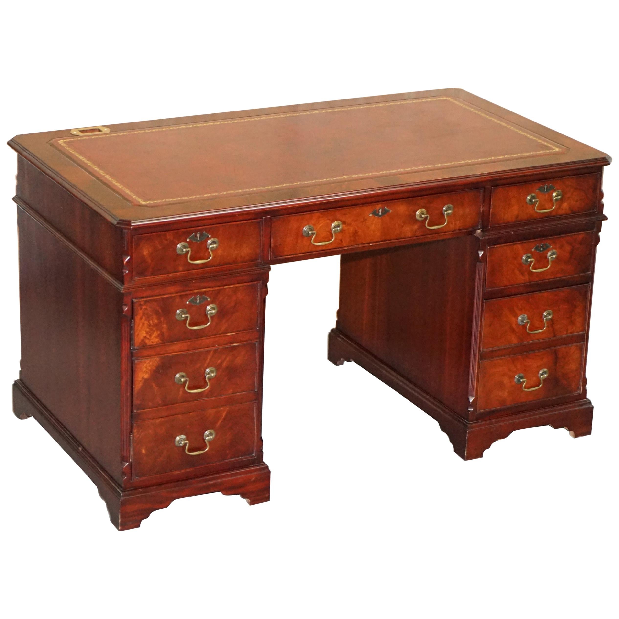 Luxury Flamed Hardwood Oxblood Leather Twin Pedestal Partner Desk Keyboard Shelf