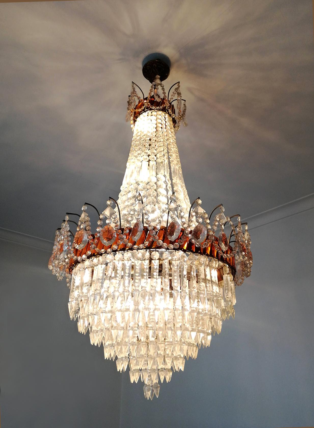 Luxury French Empire Regency Louis XV Amber Crystal Chandelier w Crystal Garland For Sale 3