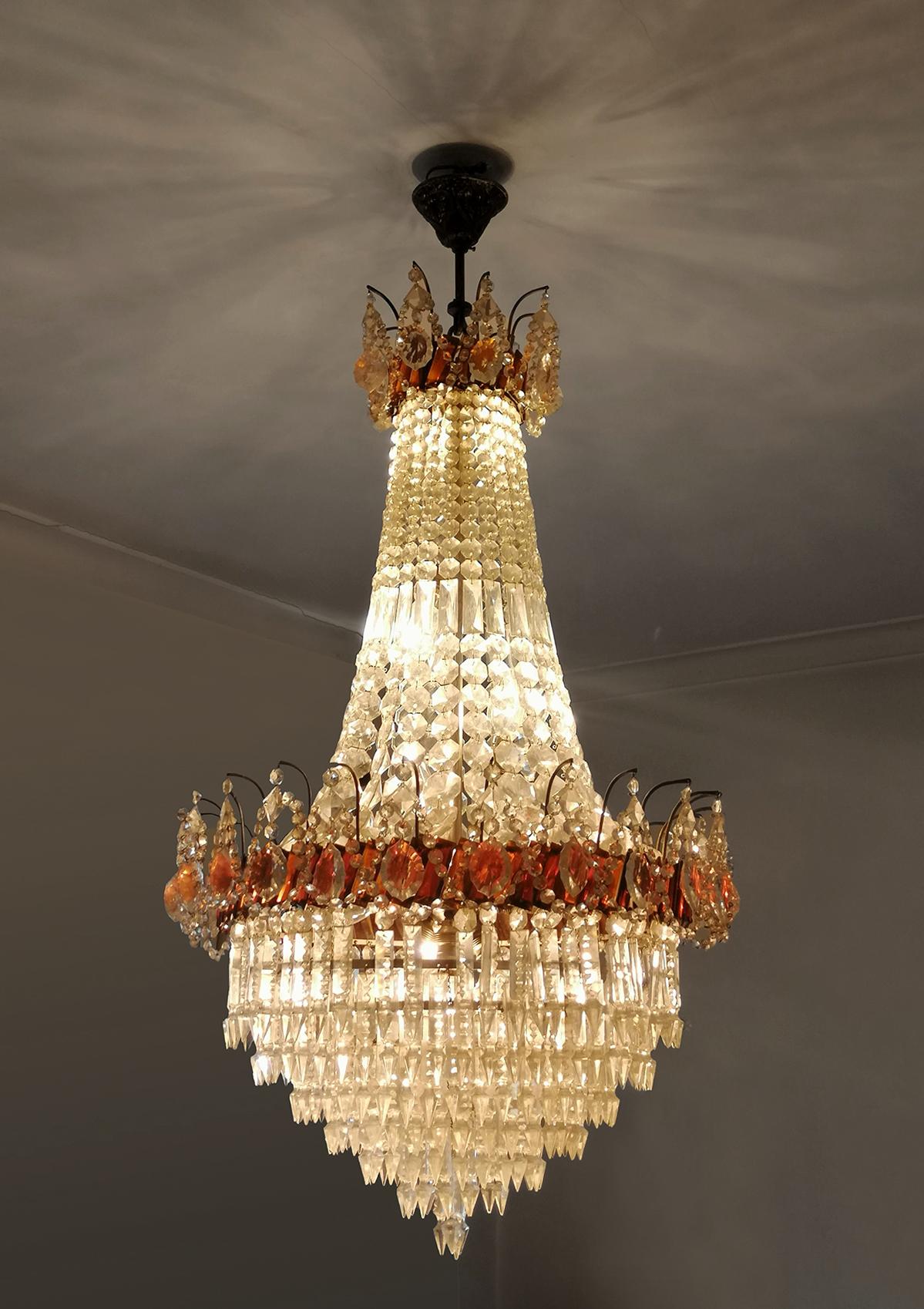 Luxury French Empire Regency Louis XV Amber Crystal Chandelier w Crystal Garland For Sale 4
