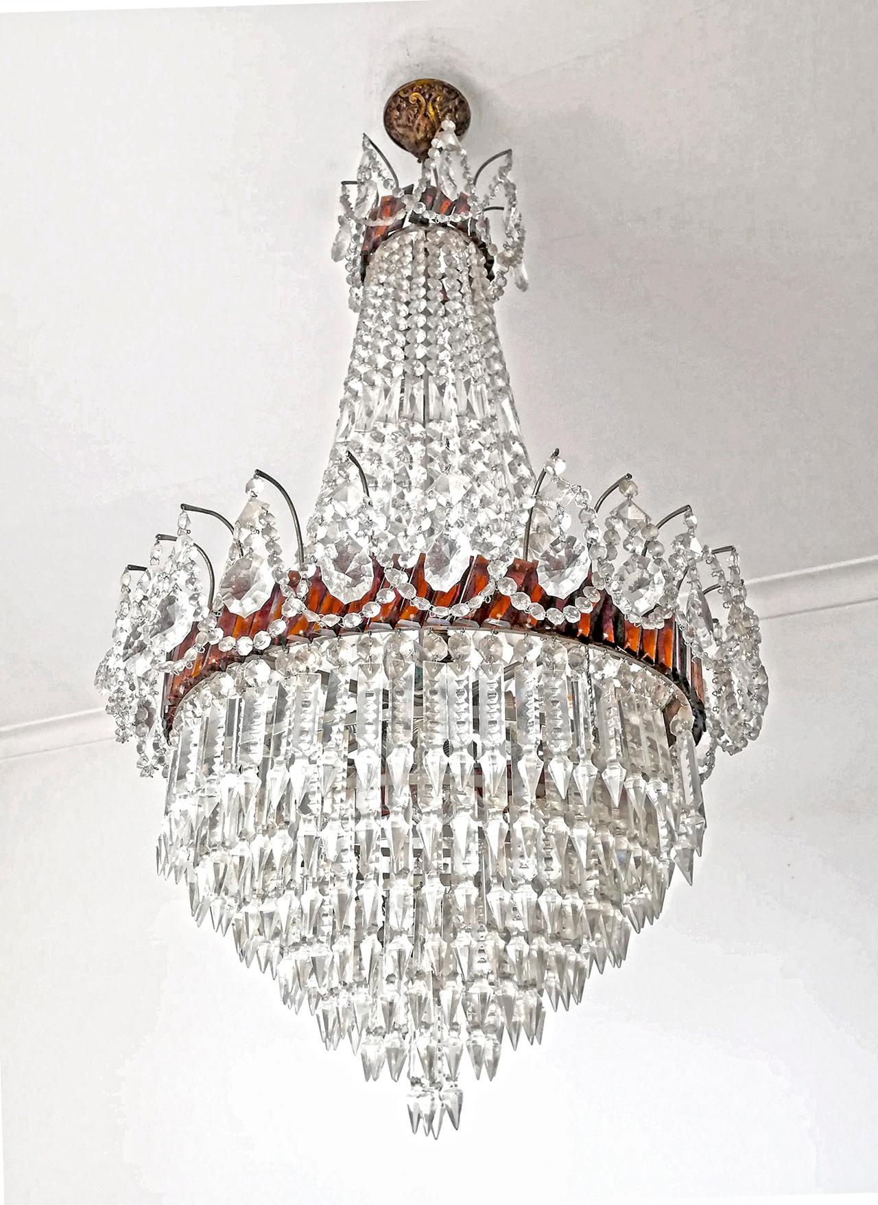 Fabulous French Empire pure crystal chandelier.
Dimensions
Height: 43.31 in. (110 cm)
Diameter: 19.69 in. (50 cm)
Weight: 44 lb/ 20 Kg
5-light bulbs E14, good working condition
Assembly required. Bulbs not included.