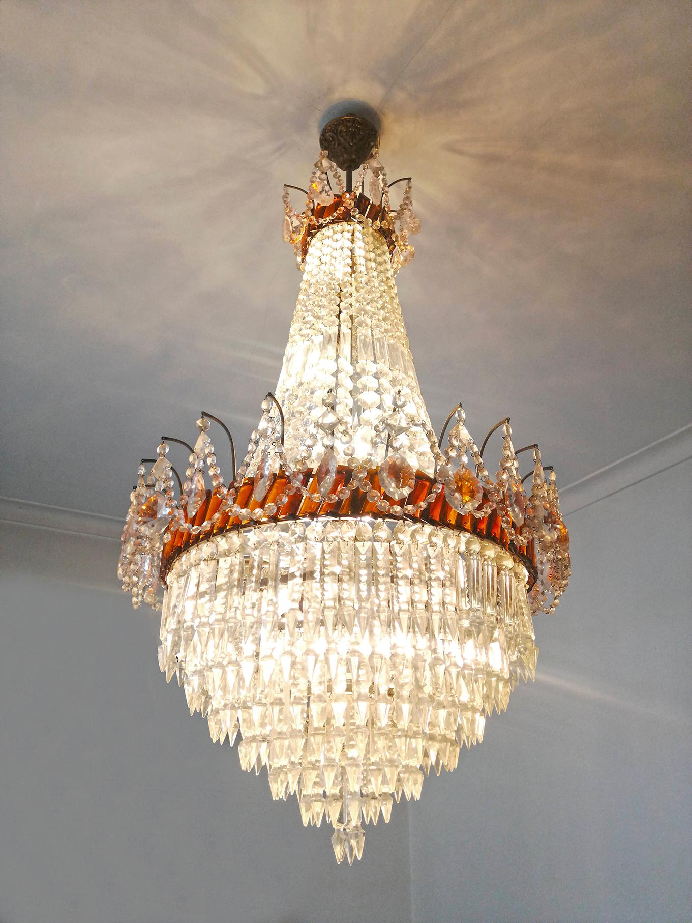 20th Century Luxury French Empire Regency Louis XV Amber Crystal Chandelier w Crystal Garland For Sale