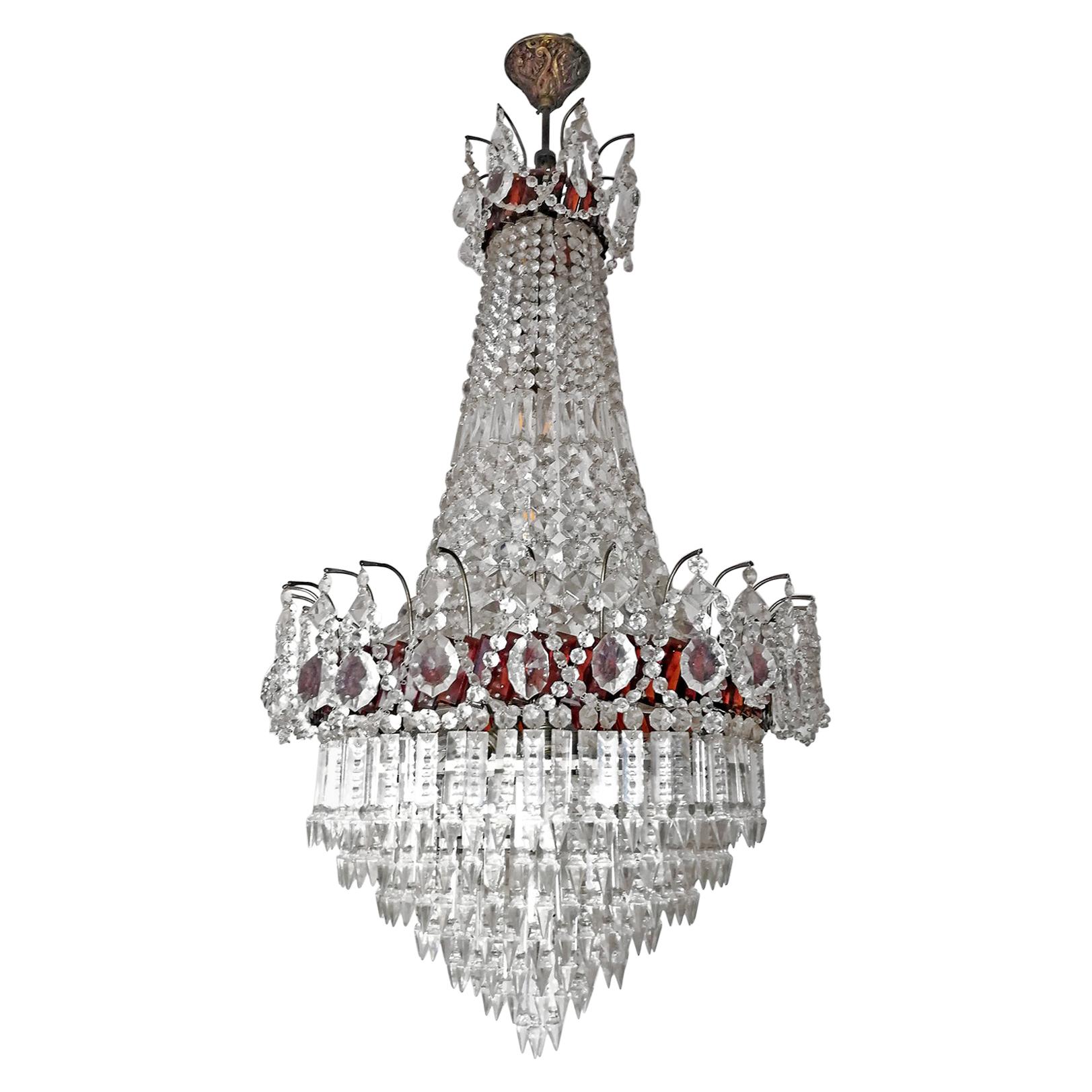 Luxury French Empire Regency Louis XV Amber Crystal Chandelier w Crystal Garland For Sale