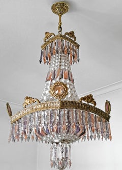 Luxury French Empire Regency Louis XV Pink & Plum Crystal Gilt Bronze Chandelier