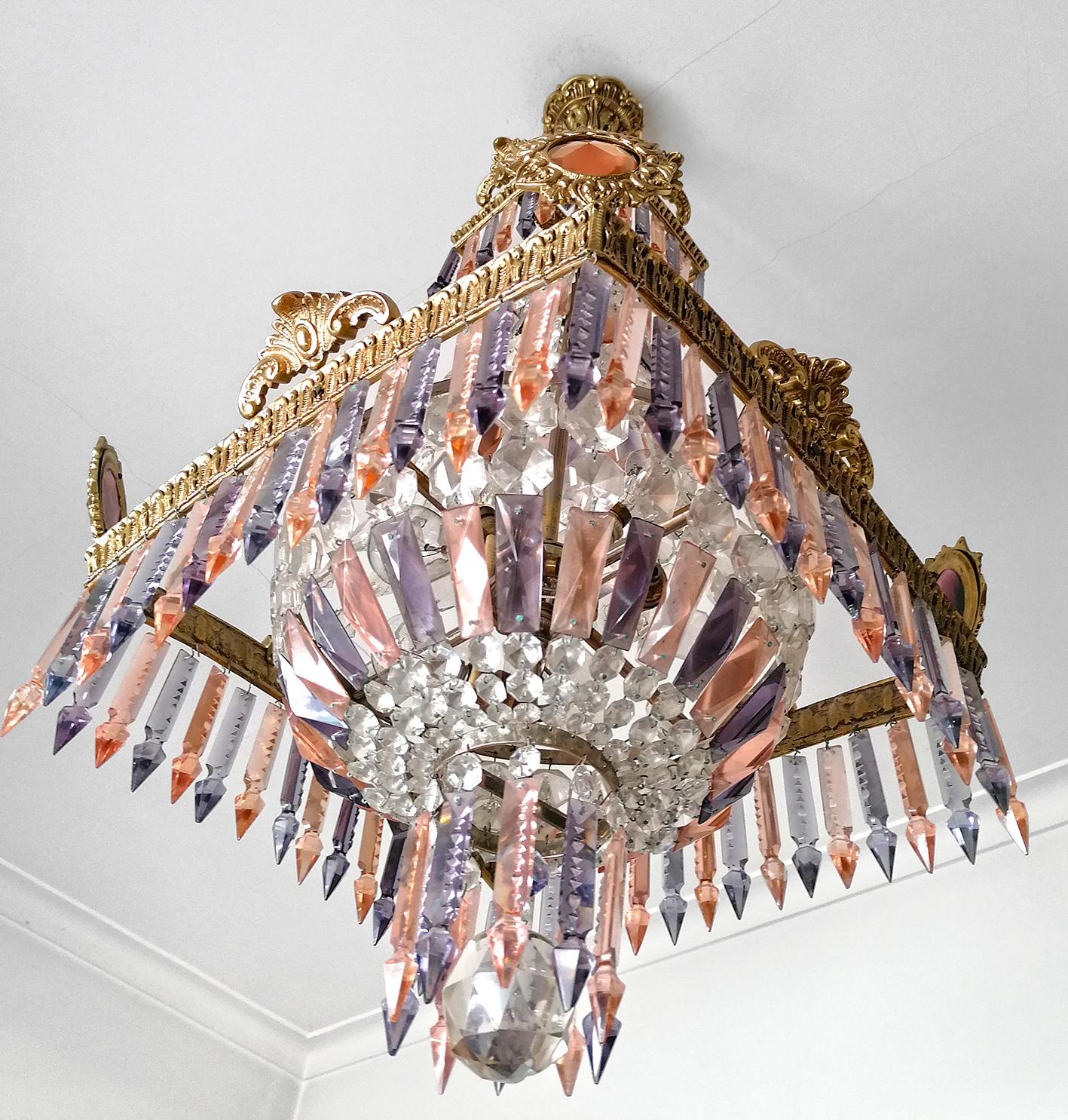 20th Century Luxury French Empire Regency Louis XV Pink & Plum Crystal Gilt Bronze Chandelier For Sale