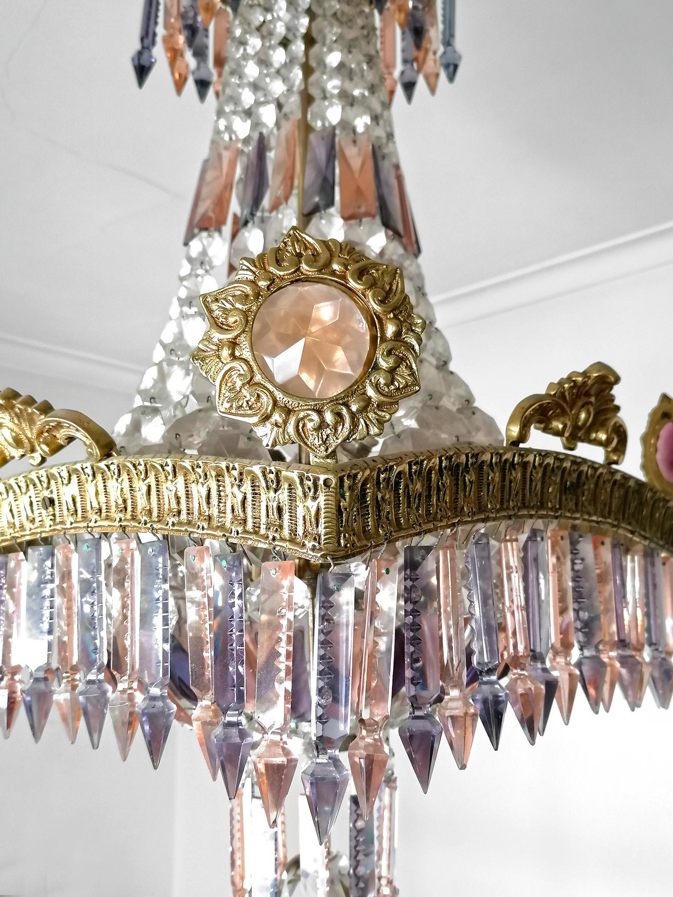 Luxury French Empire Regency Louis XV Pink & Plum Crystal Gilt Bronze Chandelier For Sale 1