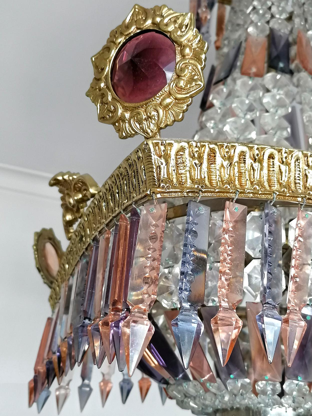 Luxury French Empire Regency Louis XV Pink & Plum Crystal Gilt Bronze Chandelier For Sale 3