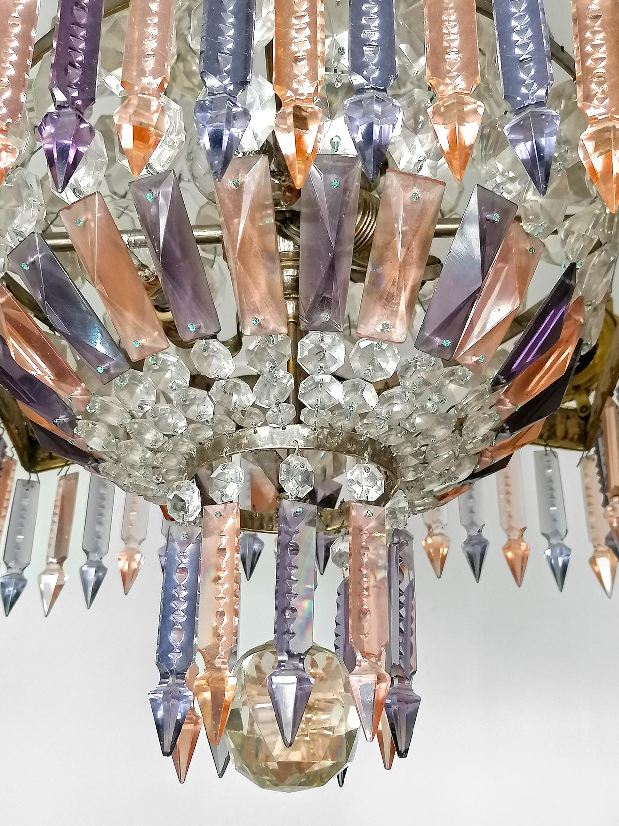 Luxury French Empire Regency Louis XV Pink & Plum Crystal Gilt Bronze Chandelier For Sale 4