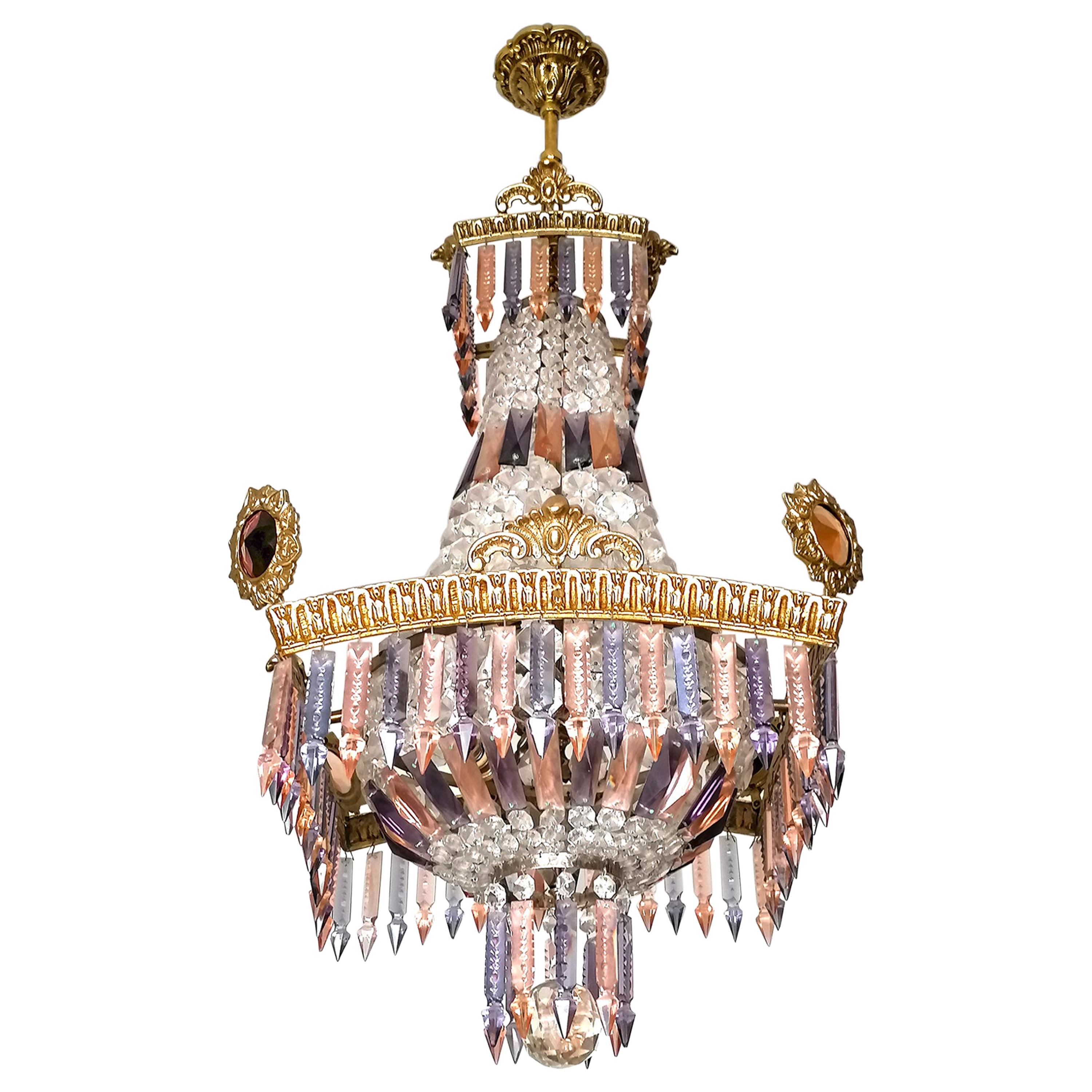 Lustre de luxe français de style Empire Regency Louis XV en bronze doré, cristal rose et prune en vente