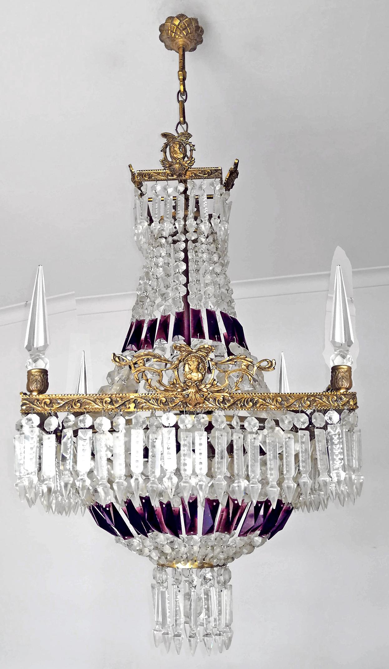 Fabulous 8-light French Empire pure crystal basket chandelier with gilt bronze frame and 4-faceted crystal obelisks, circa 1920s
Also available a pair of matching sconces.
Measures:
Depth, 16.53 in/ 42 cm
Width, 16.53 in/ 42 cm
Diagonal: 23.6 in/ 60