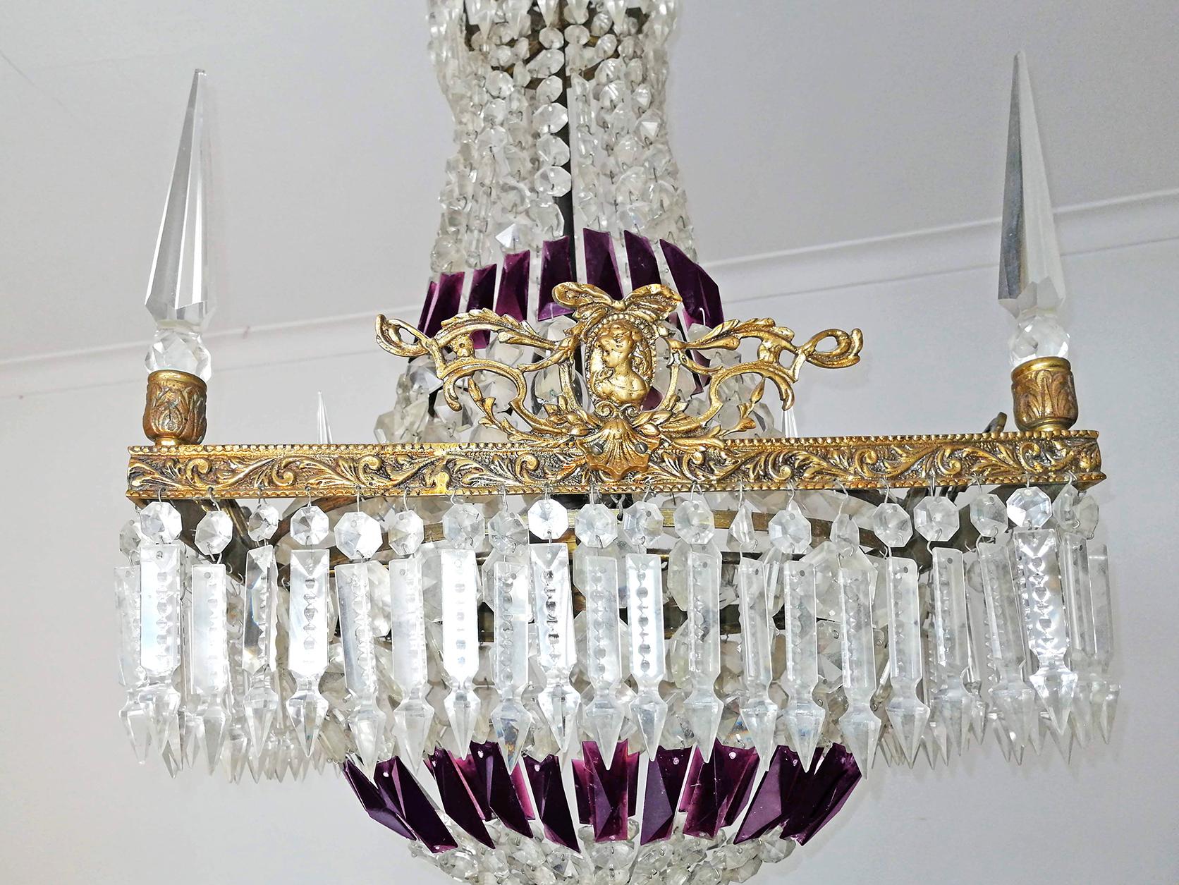 Luxury French Empire Regency Louis XV Purple Crystal Obelisks Bronze Chandelier In Good Condition For Sale In Coimbra, PT