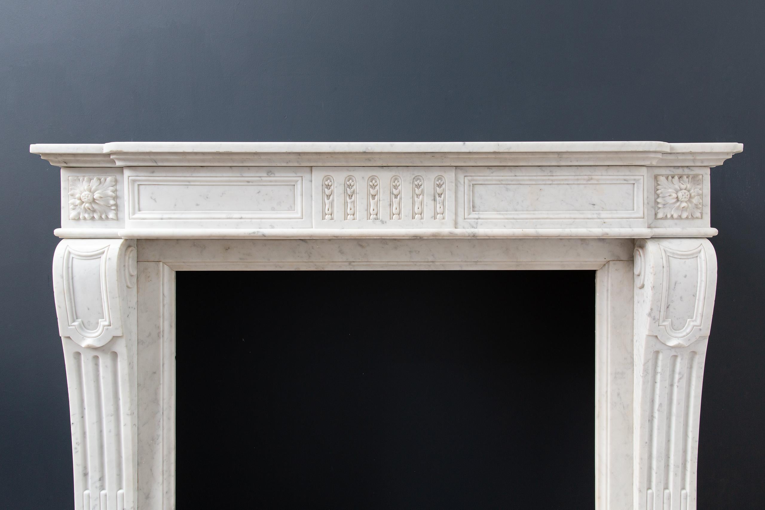 Hand-Carved Luxury French Louis XVI Carrara Marble Antique Fireplace Surround For Sale