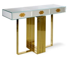 Luxury Gilt "Filigree" Contemporary Modern Lacquered Console Table Glass & Brass