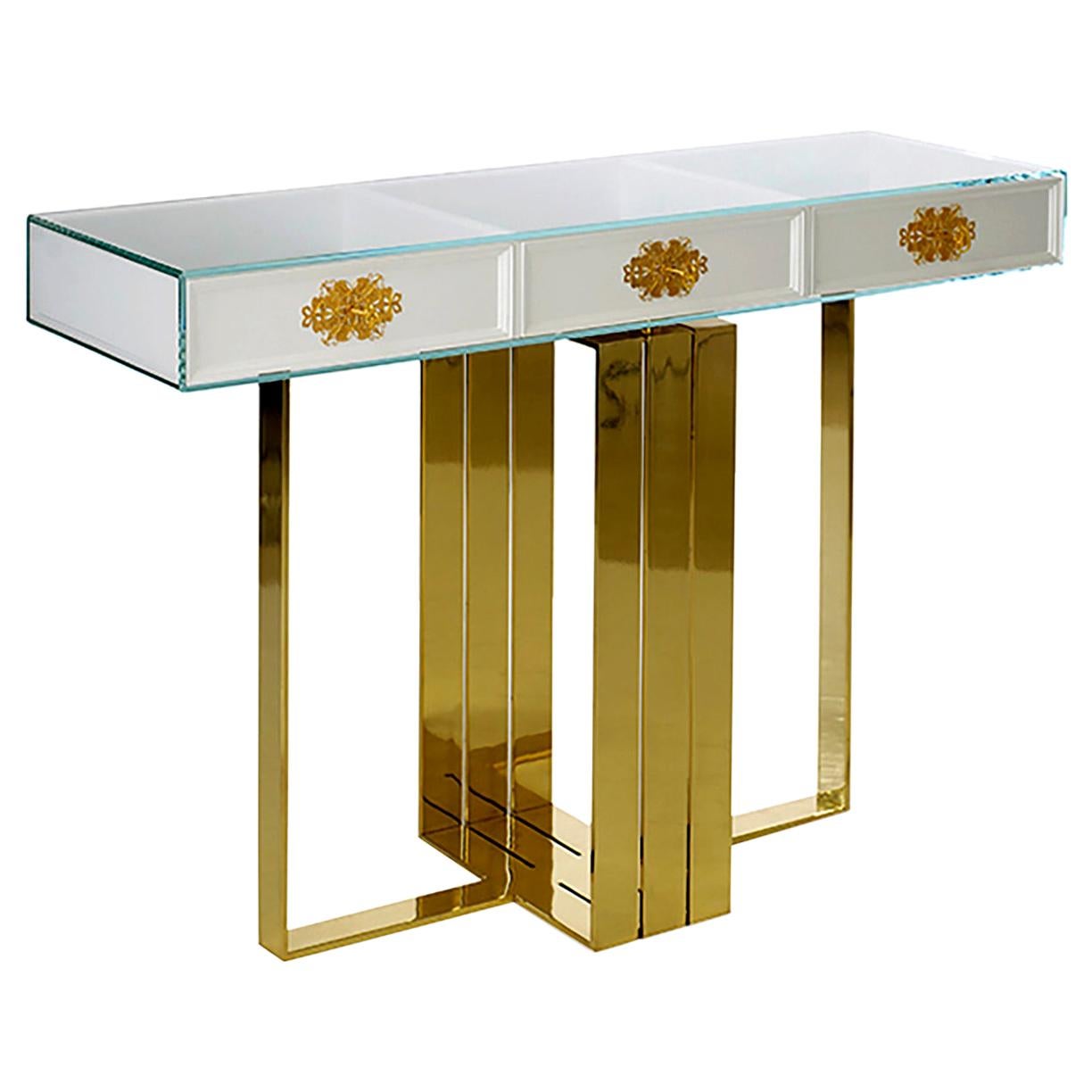 Luxury Gilt "Filigree" Contemporary Modern Lacquered Console Table Glass & Brass For Sale