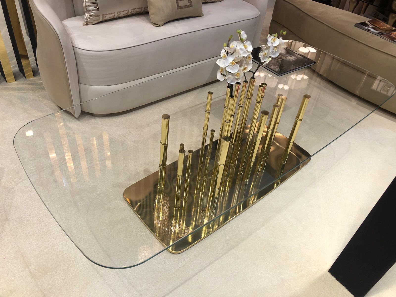 Modern Luxury Gold Plated Bamboo Glass Coffee Table, Lotus For Sale