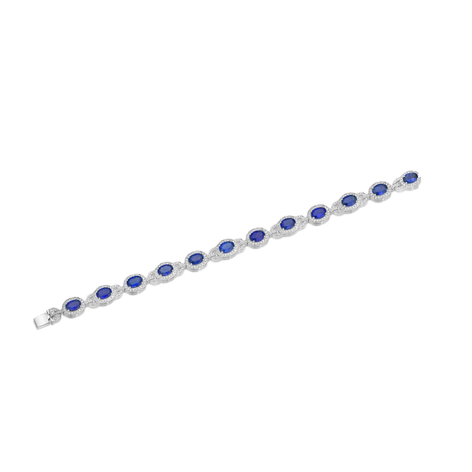 Nigaam 7.24 Cts. Blue Sapphire Halo Diamond Link Bracelet in 18k White Gold In New Condition For Sale In New York, NY