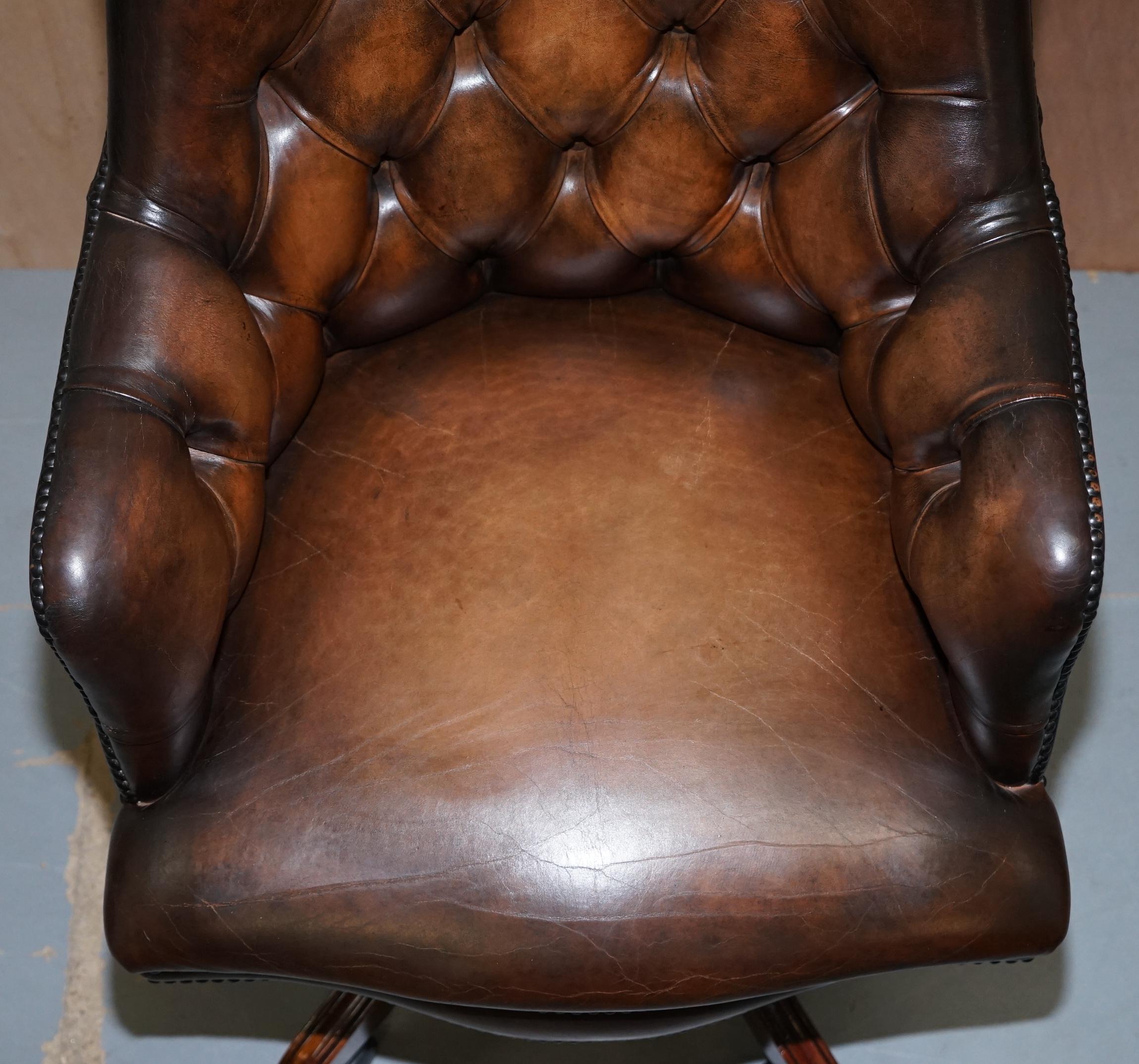 English Luxury Hand Dyed Vintage Brown Leather Office Desk Captains Directors Chair