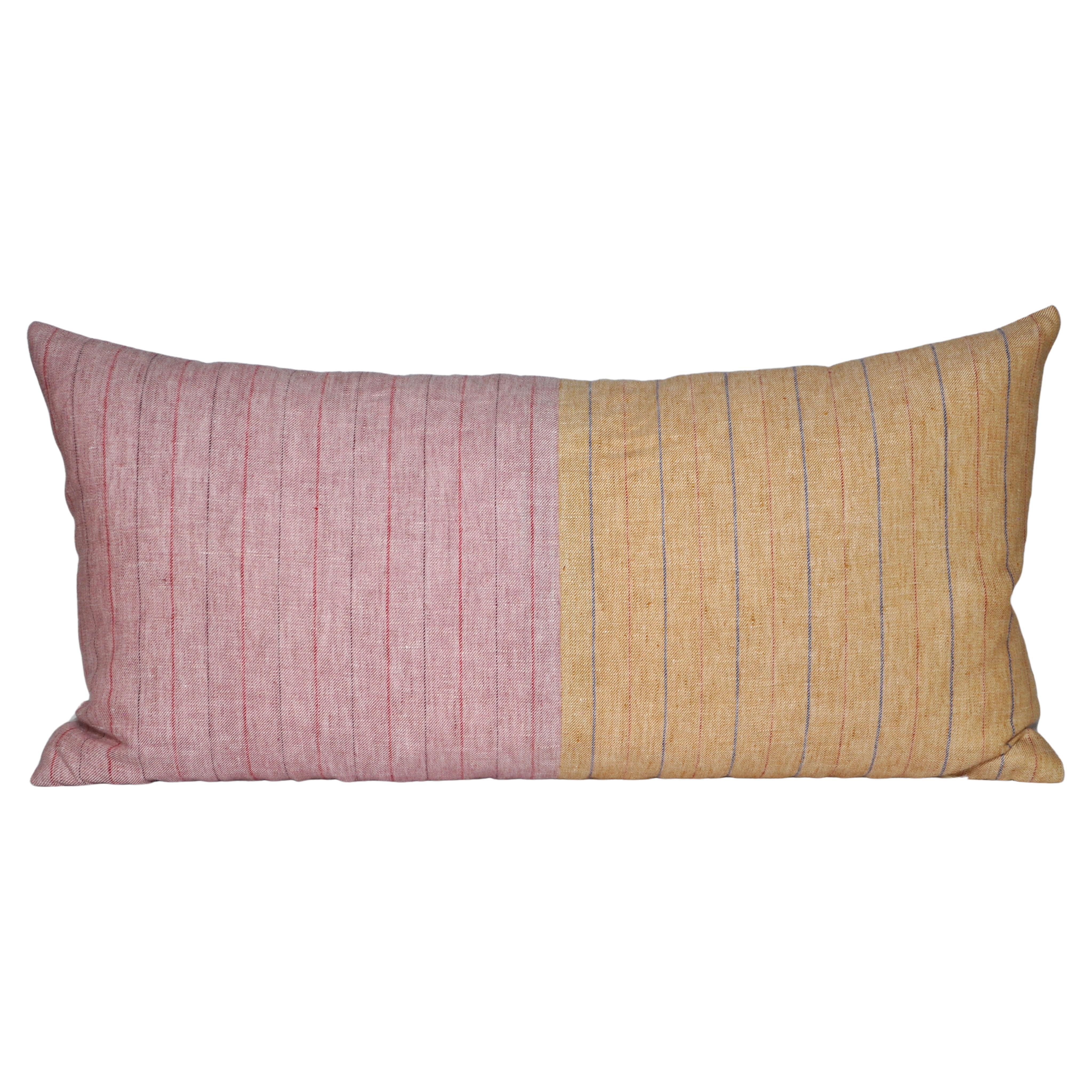 Luxury Handwoven Irish Linen Pillow Gold Yellow Pink Stripes Cushion For Sale