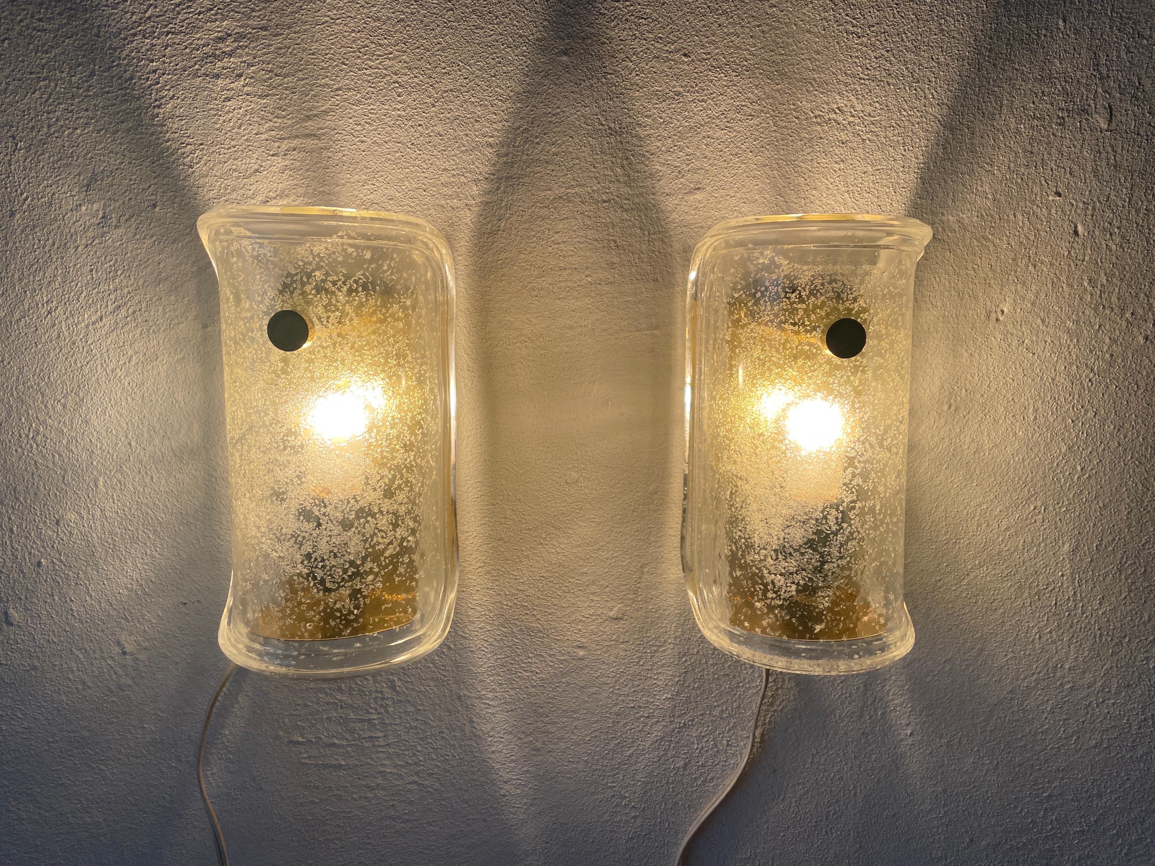 Luxury Ice Glass and Brass Pair of Sconces by Limburg, 1960s, Germany For Sale 5