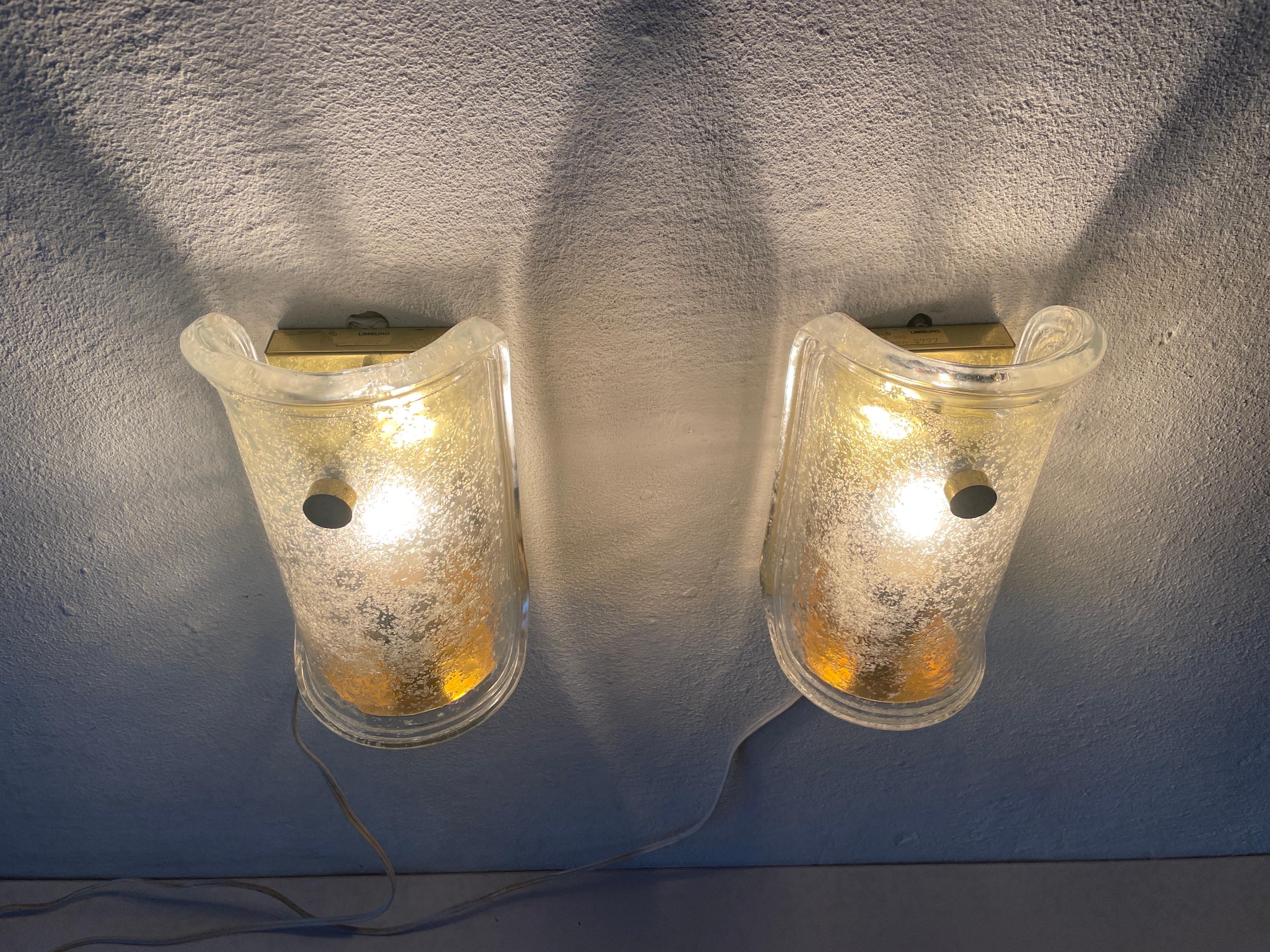 Luxury Ice Glass and Brass Pair of Sconces by Limburg, 1960s, Germany For Sale 6