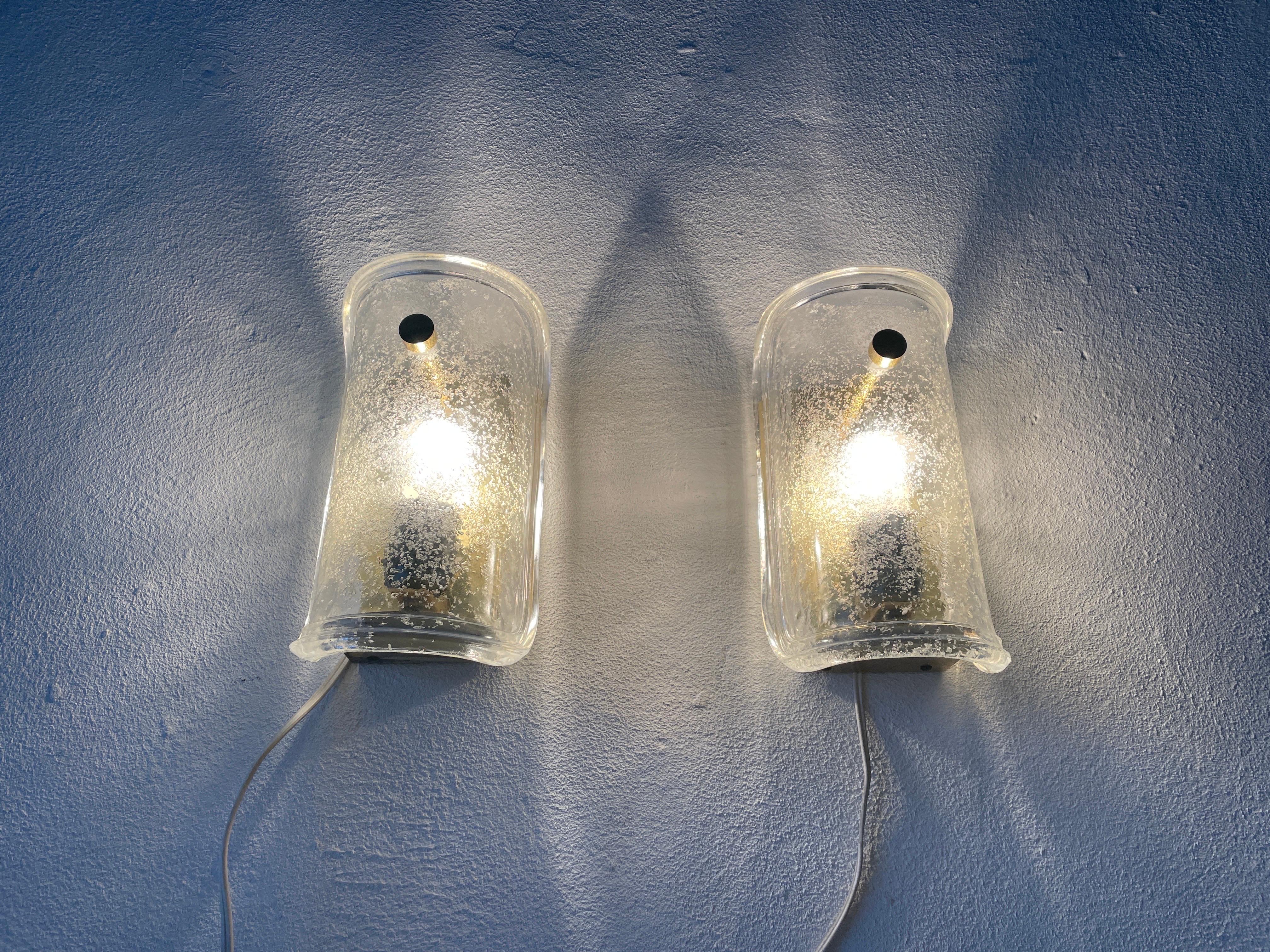 Luxury Ice Glass and Brass Pair of Sconces by Limburg, 1960s, Germany For Sale 7