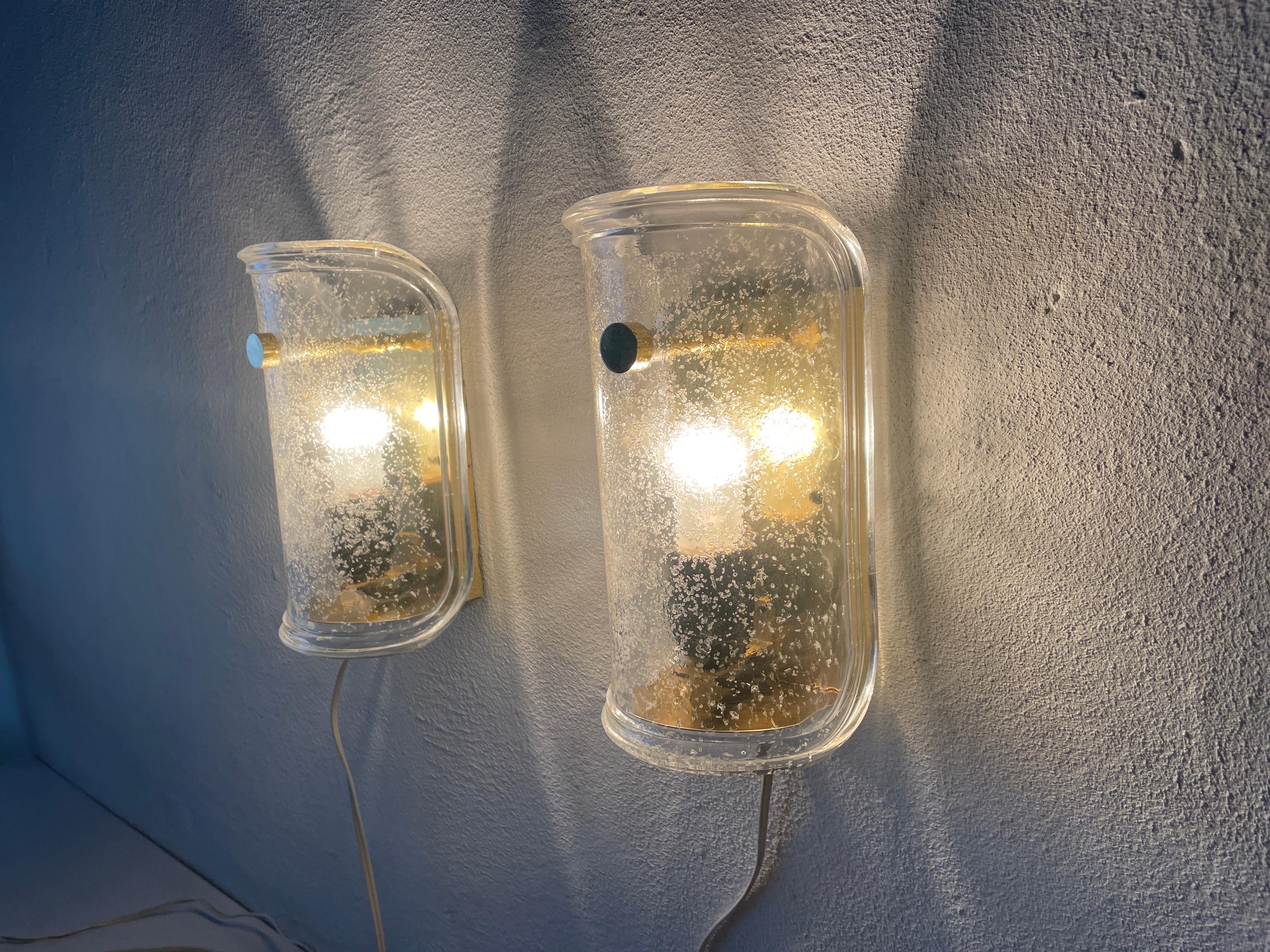 Luxury Ice Glass and Brass Pair of Sconces by Limburg, 1960s, Germany For Sale 8