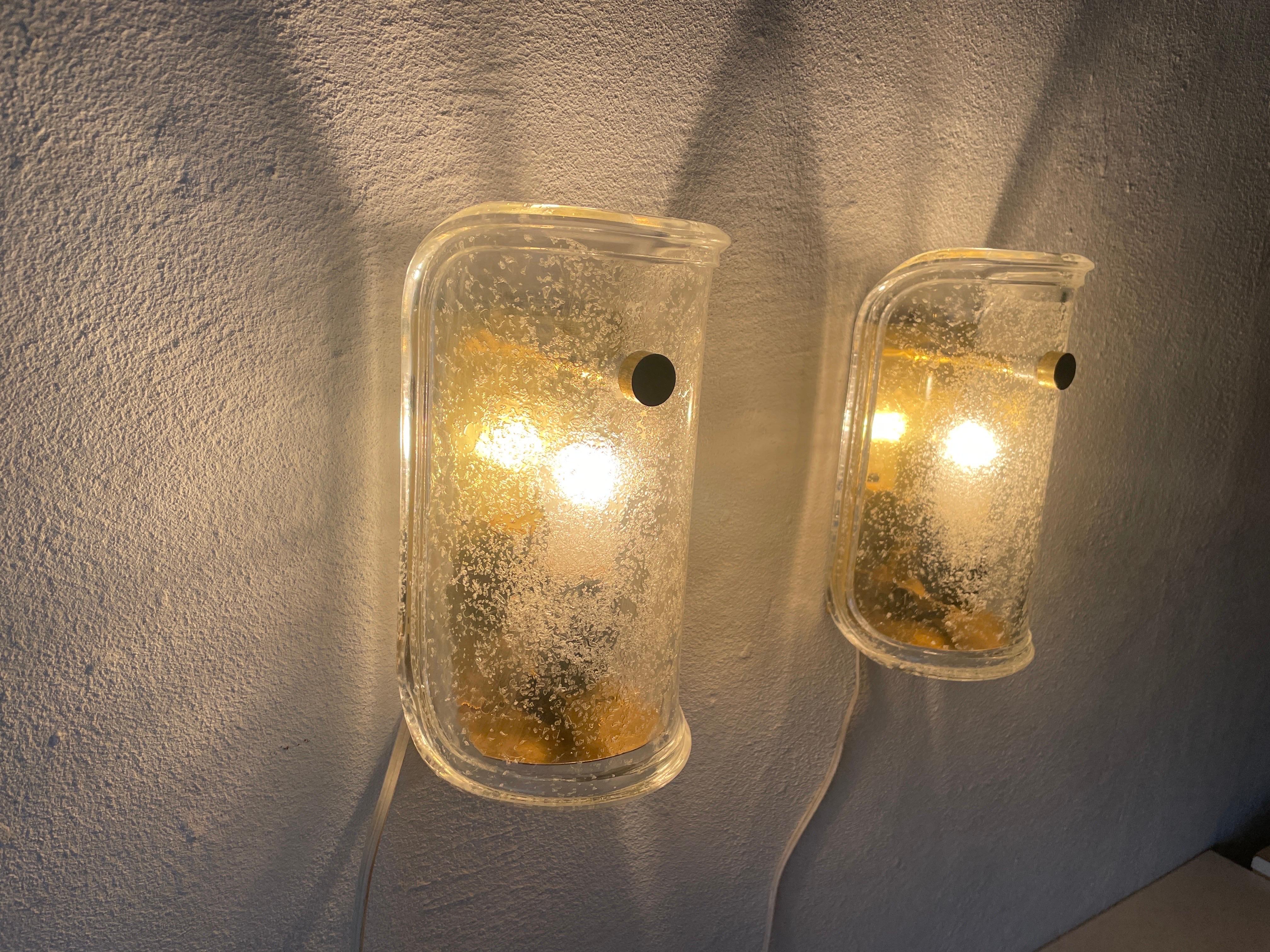 Luxury Ice Glass and Brass Pair of Sconces by Limburg, 1960s, Germany For Sale 9