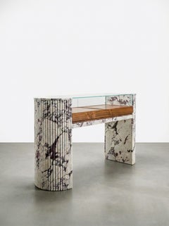 Luxury Jewelry Showcase Table: Fluted Calacatta Marble and Wood Console Table