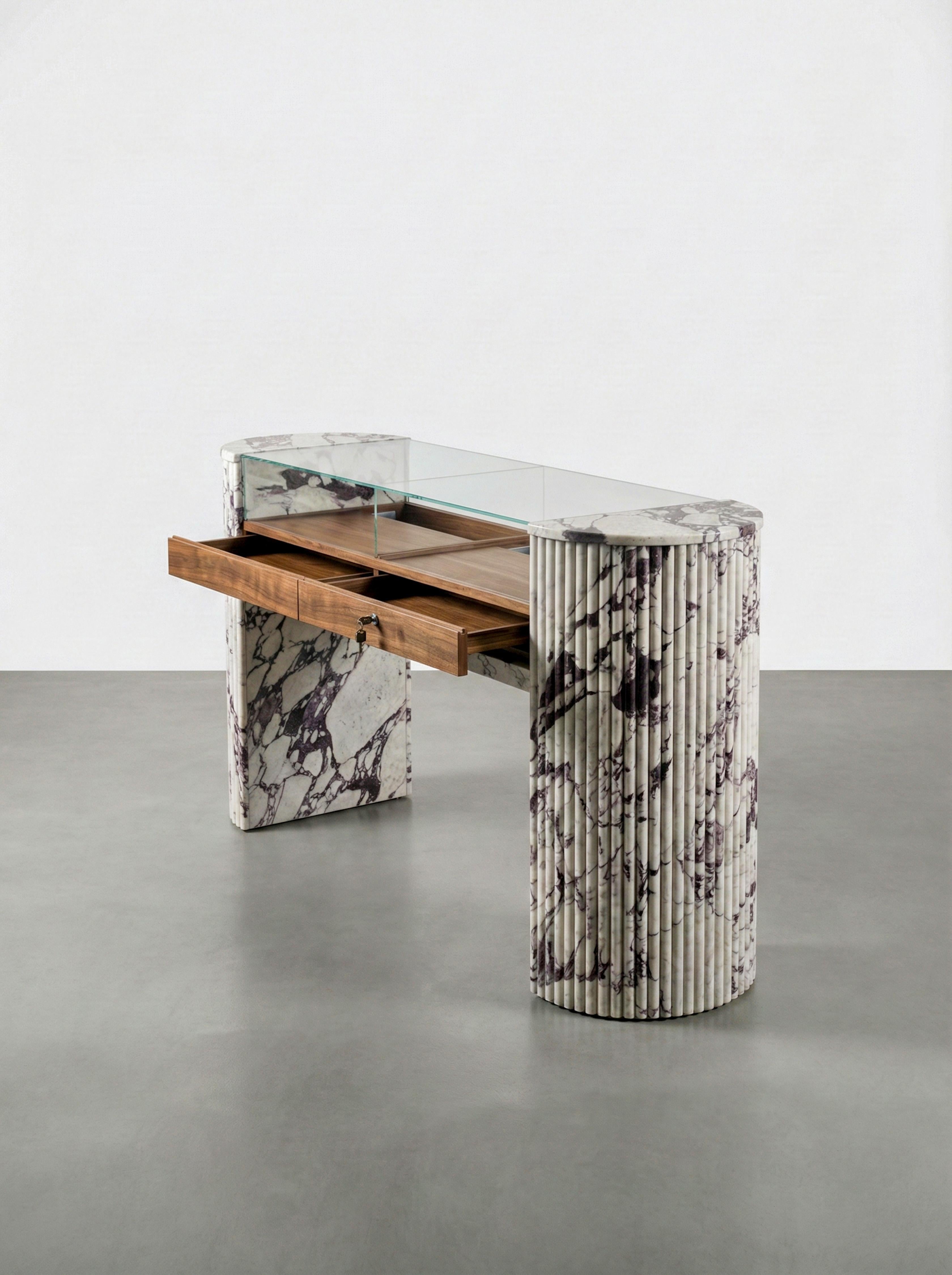 Turkish Luxury Jewelry Showcase Table: Fluted Calacatta Marble and Wood Console Table For Sale