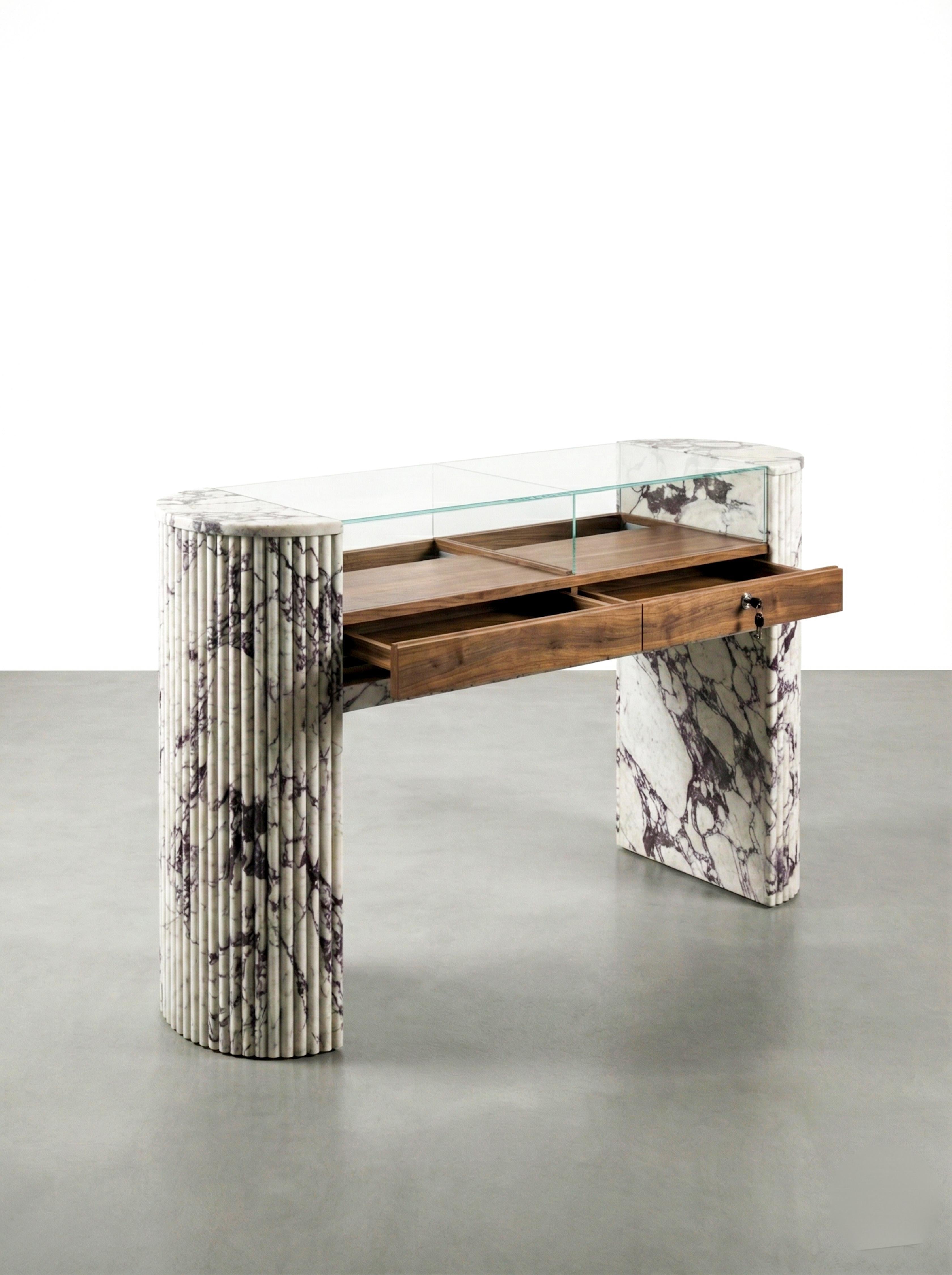 Carved Luxury Jewelry Showcase Table: Fluted Calacatta Marble and Wood Console Table For Sale