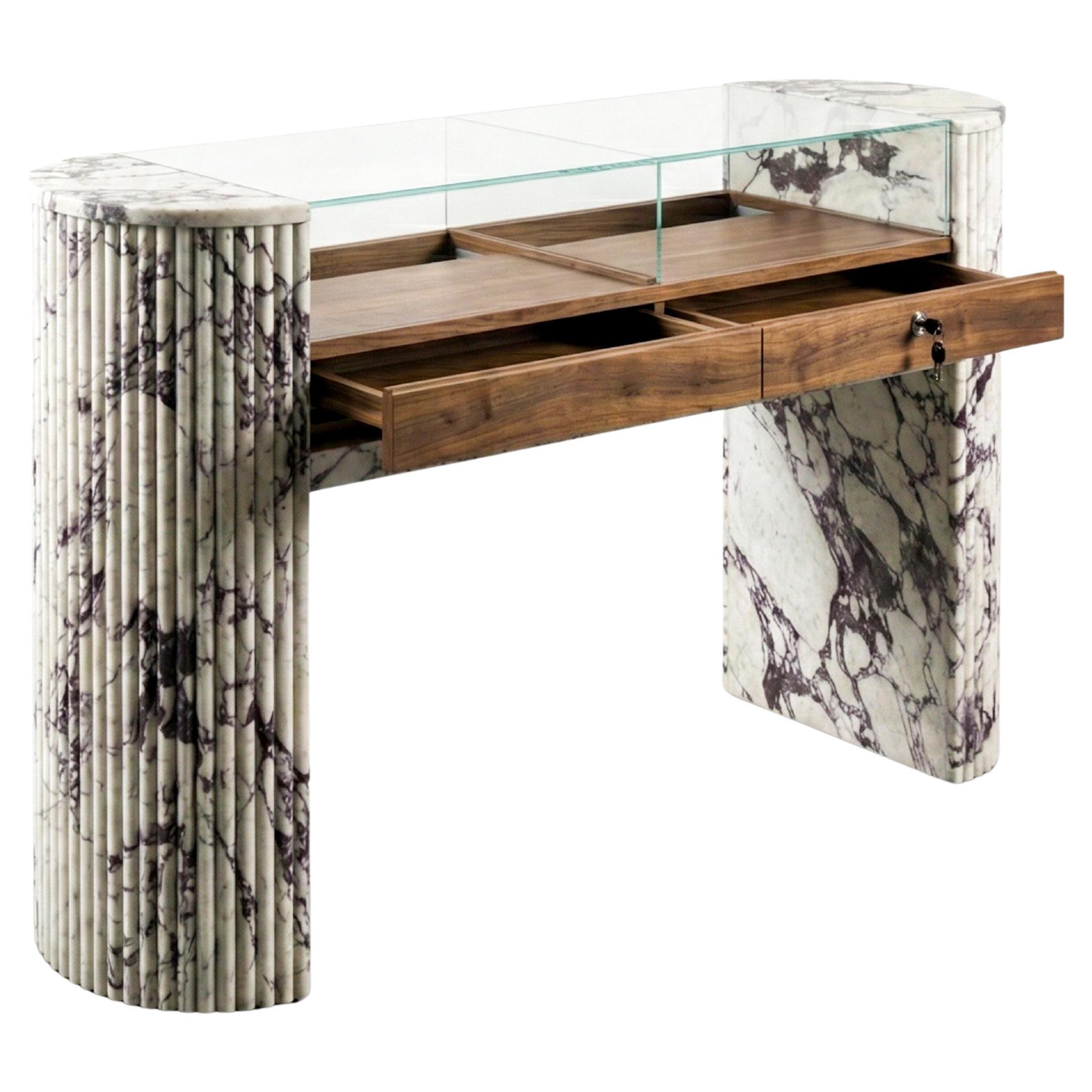 Luxury Jewelry Showcase Table: Fluted Calacatta Marble and Wood Console Table For Sale