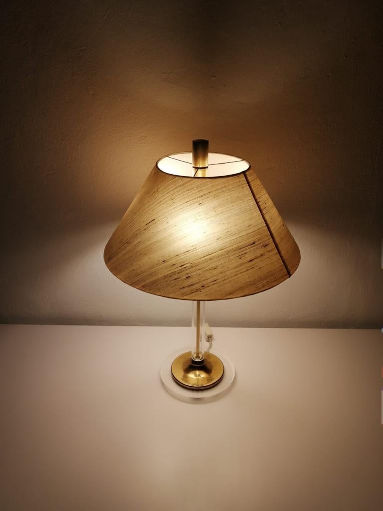 Mid-Century Modern Fabric Shade Plexiglass and Brass Large Table Lamp by Leola, 1970s, Germany For Sale