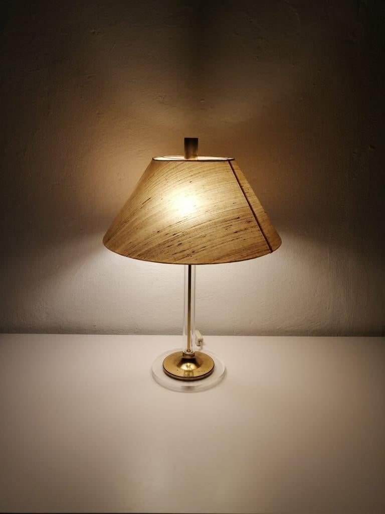 Fabric Shade Plexiglass and Brass Large Table Lamp by Leola, 1970s, Germany In Good Condition For Sale In Hagenbach, DE