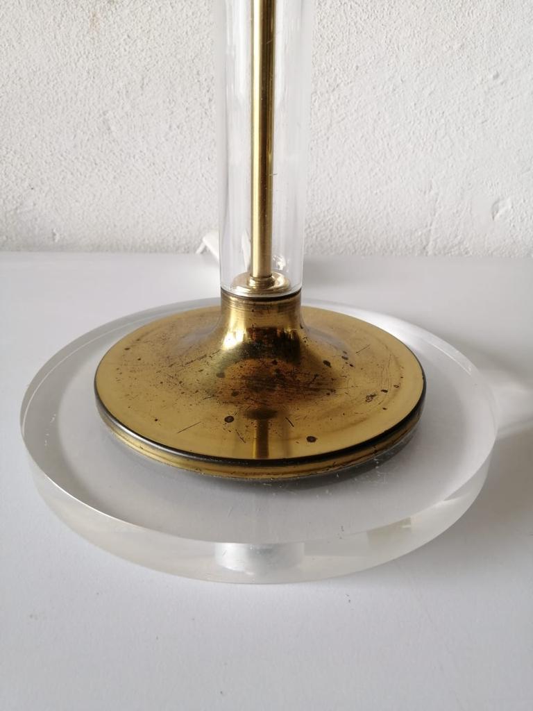 Late 20th Century Fabric Shade Plexiglass and Brass Large Table Lamp by Leola, 1970s, Germany For Sale