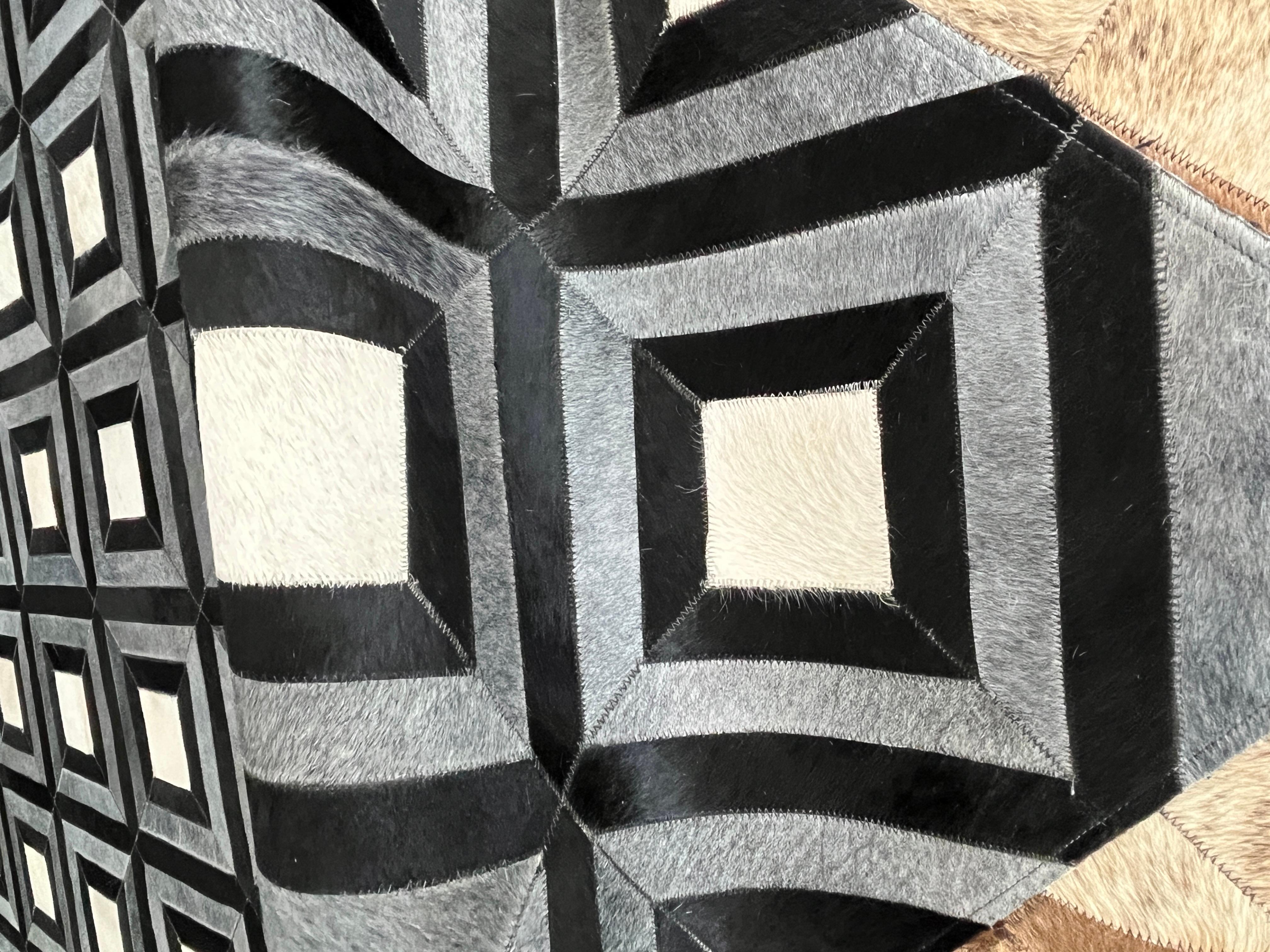 Tapis patchwork en cuir de luxe, 8 x 10 pieds, noir gris blanc en vente 1