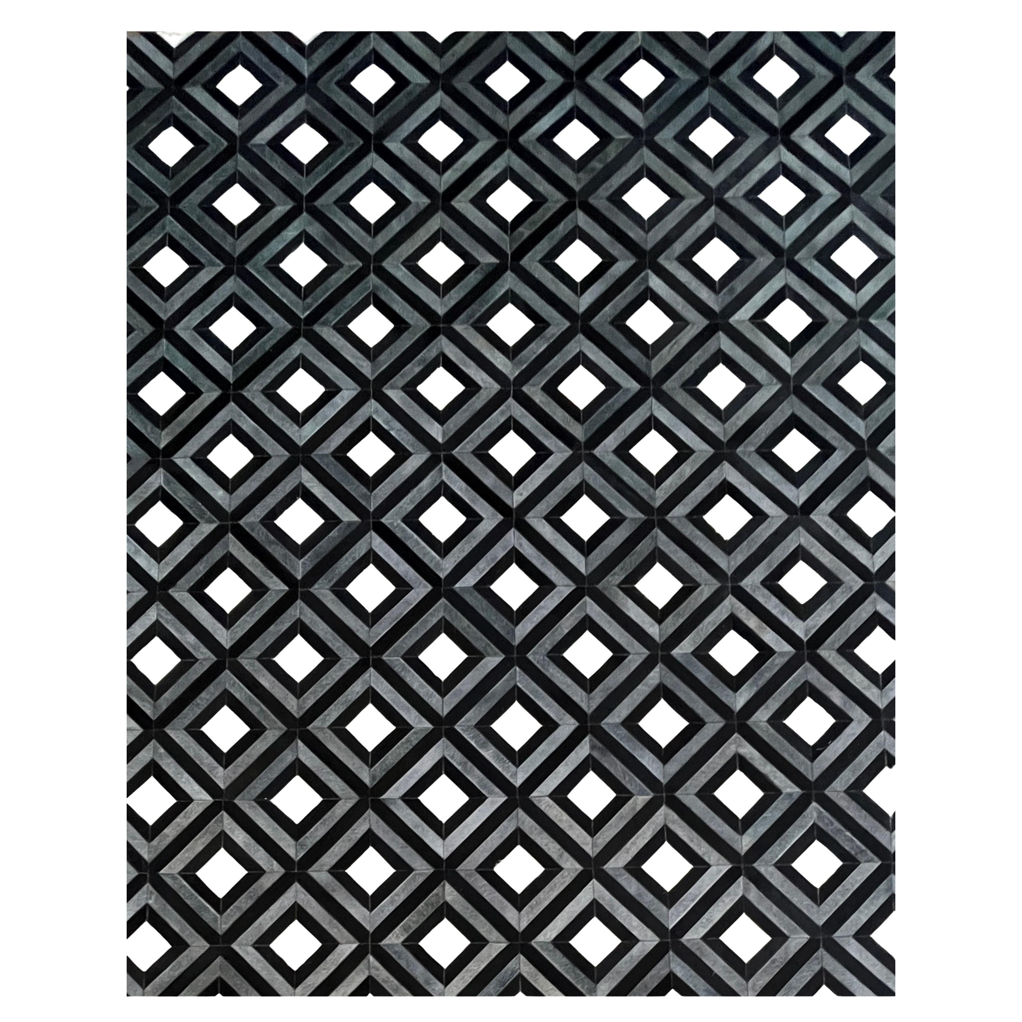 Tapis patchwork en cuir de luxe, 8 x 10 pieds, noir gris blanc en vente