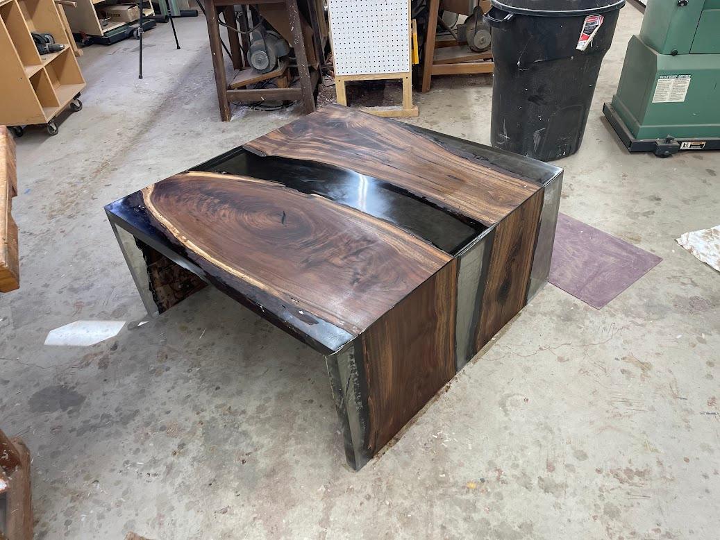 Modern Luxury Live Edge Walnut River Table with Clear Grey Epoxy For Sale