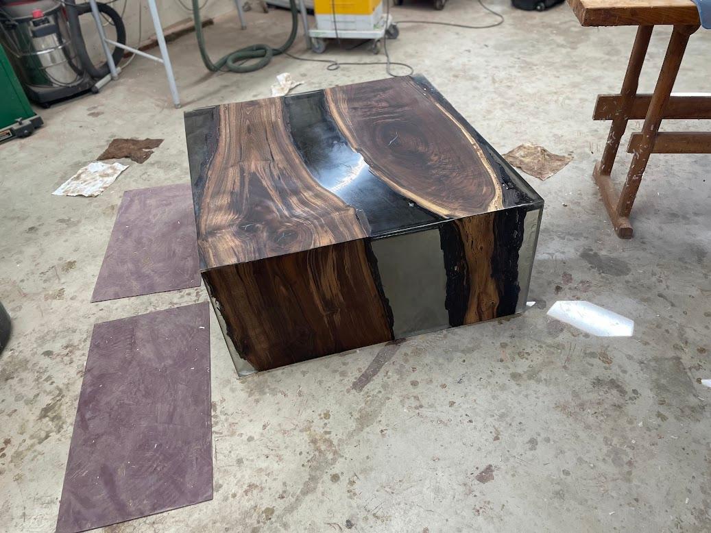 American Luxury Live Edge Walnut River Table with Clear Grey Epoxy For Sale