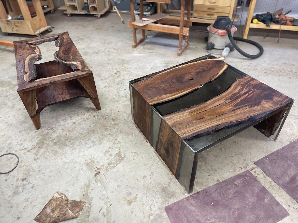 Hand-Crafted Luxury Live Edge Walnut River Table with Clear Grey Epoxy For Sale