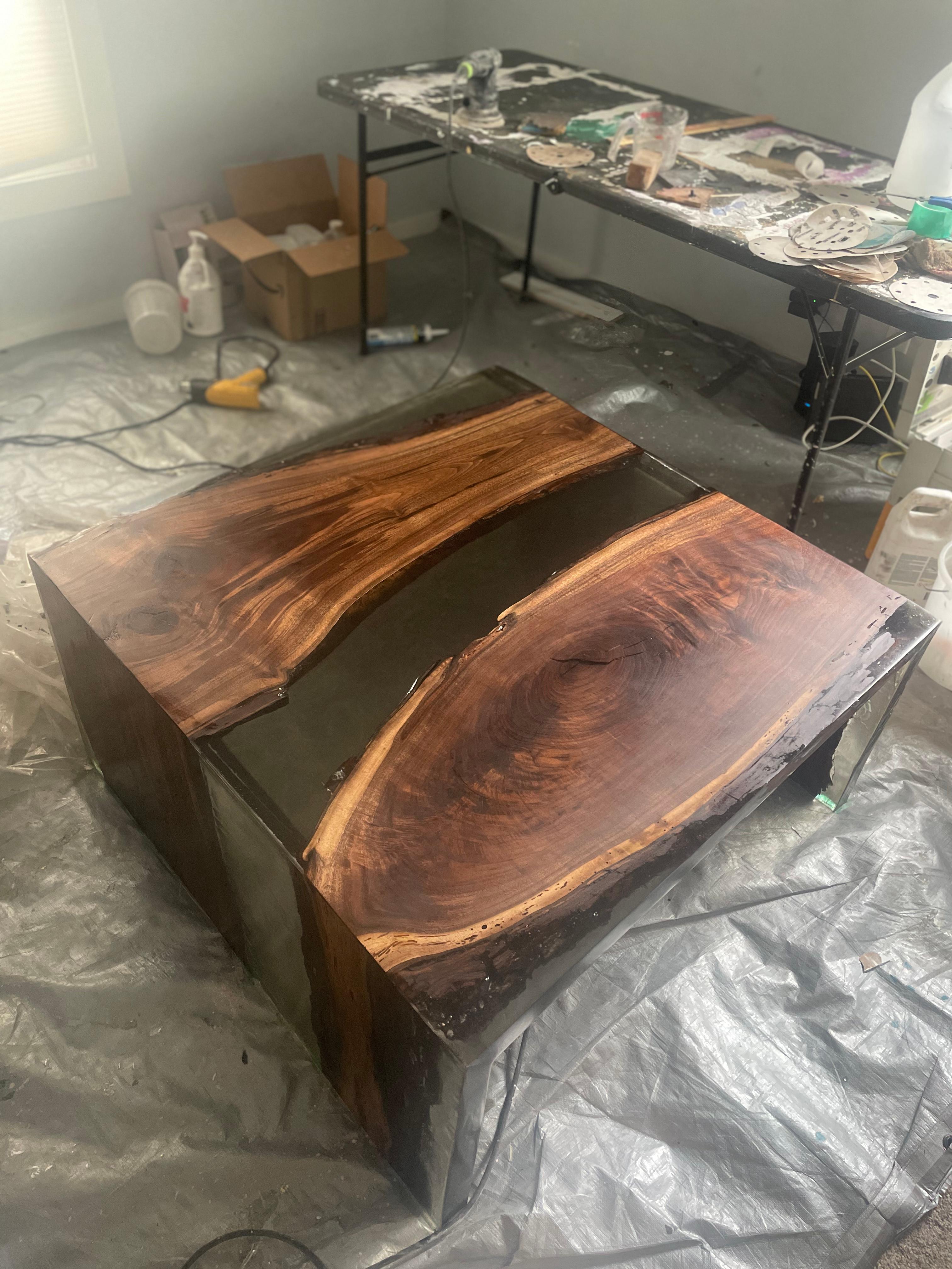 Luxury Live Edge Walnut River Table with Clear Grey Epoxy For Sale 1