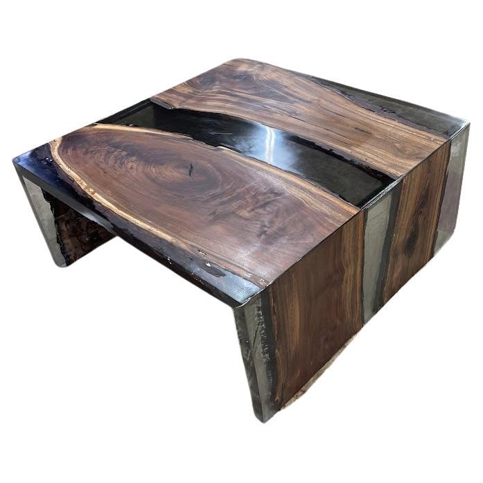 Luxury Live Edge Walnut River Table with Clear Grey Epoxy For Sale