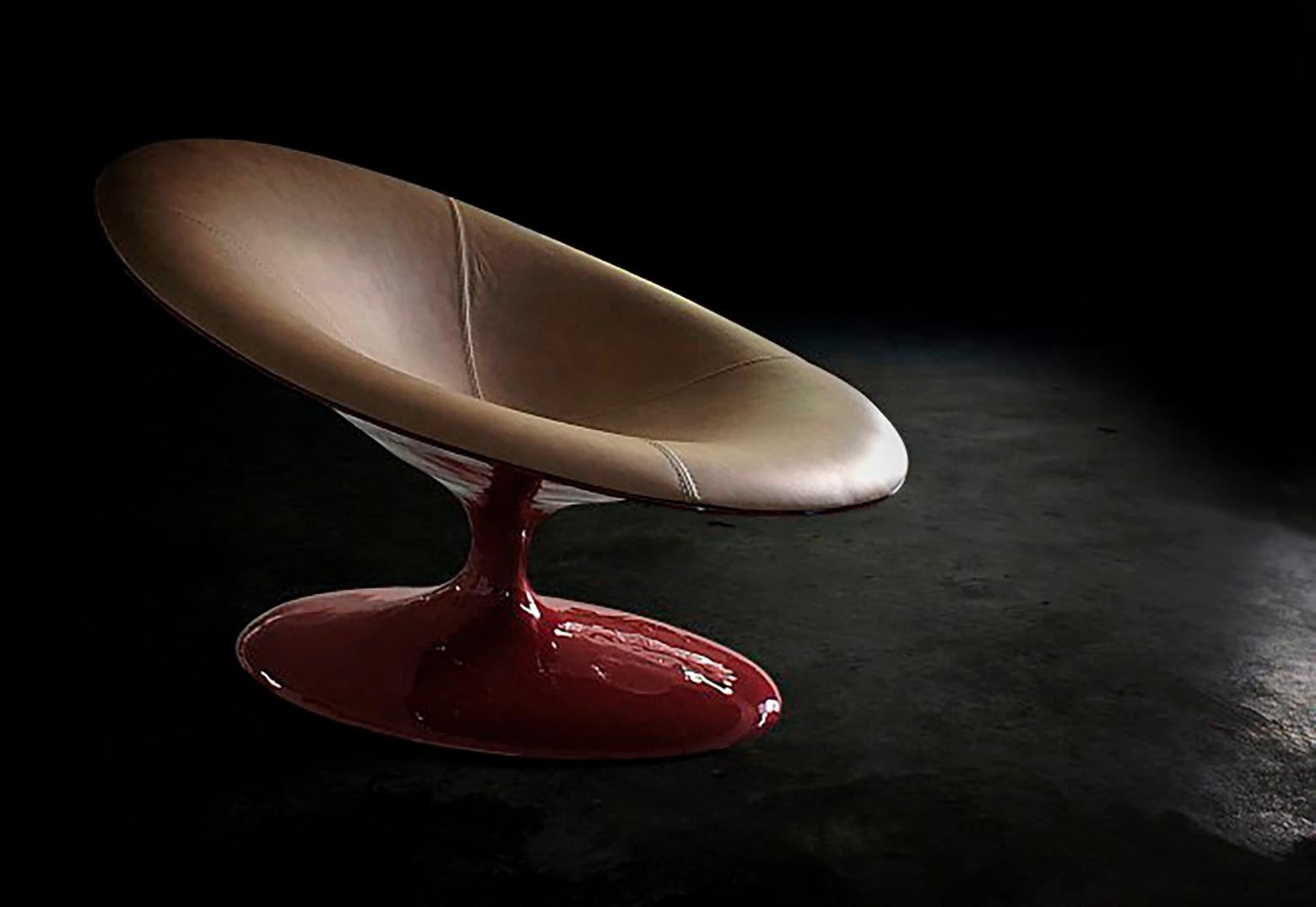 Fiberglass Luxury Luna Contemporary Futuristic Leather Upholstered & Red Lacquered Armchair For Sale
