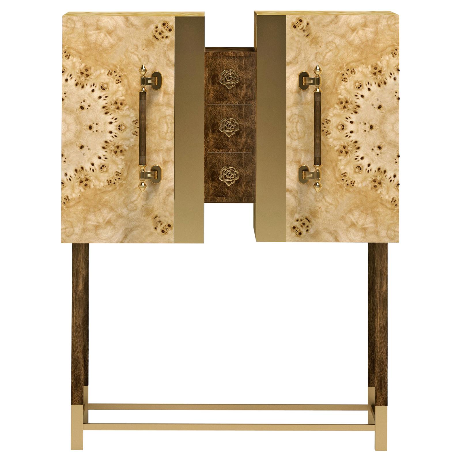 Luxury "Metropolitan" Contemporary Modern Cabinet in Walnut Wood, Mirror & Brass For Sale