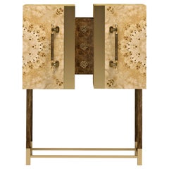 Luxury "Metropolitan" Contemporary Modern Cabinet in Walnut Wood, Mirror & Brass