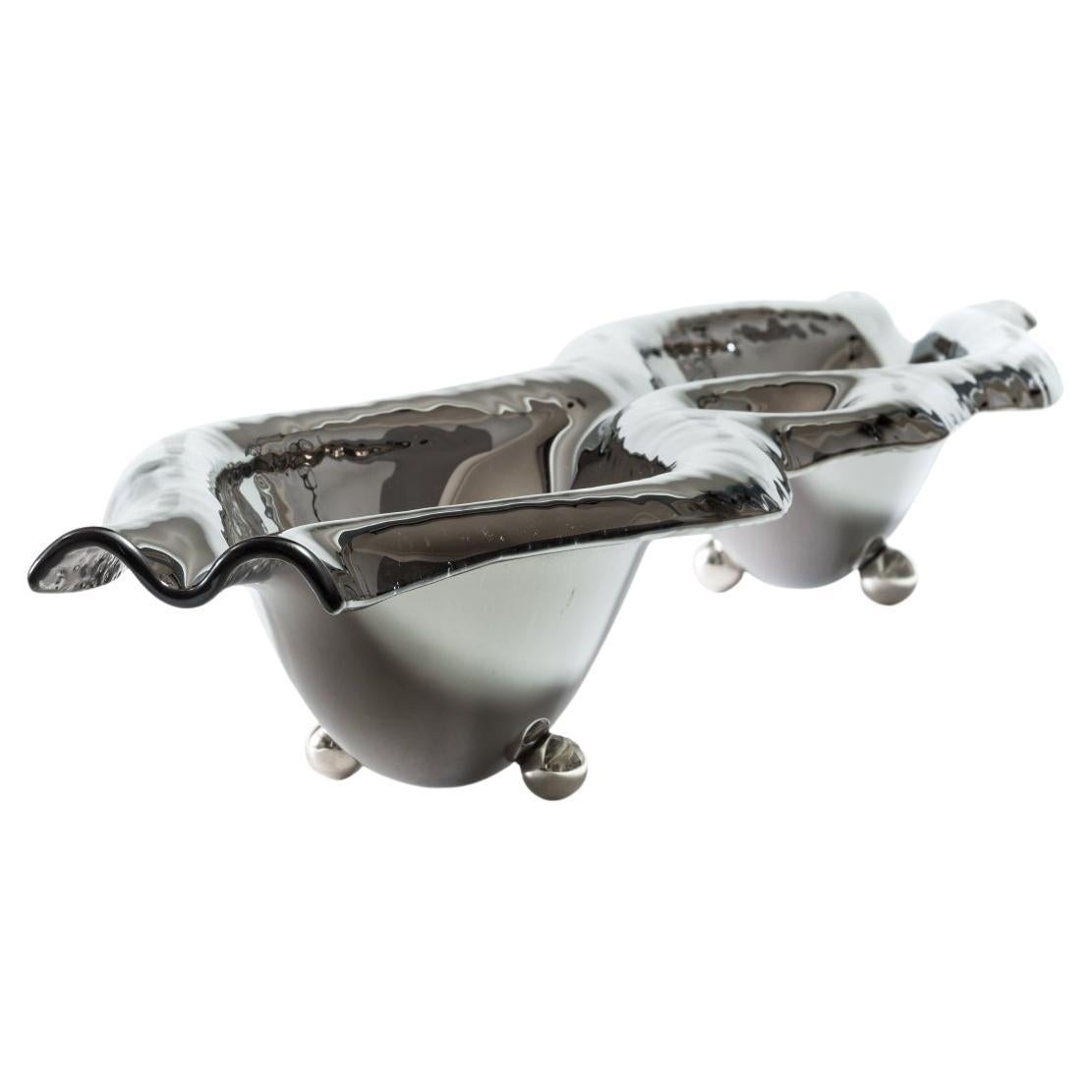 Luxuriöser Moderner Deko-Teller "Flow" Silver aus Glas im Angebot