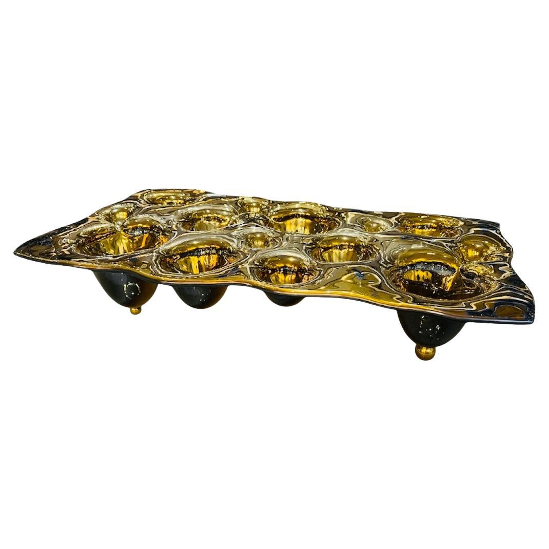 Luxuriöser moderner Deko-Teller "Liquid Metal Gold" aus Glas