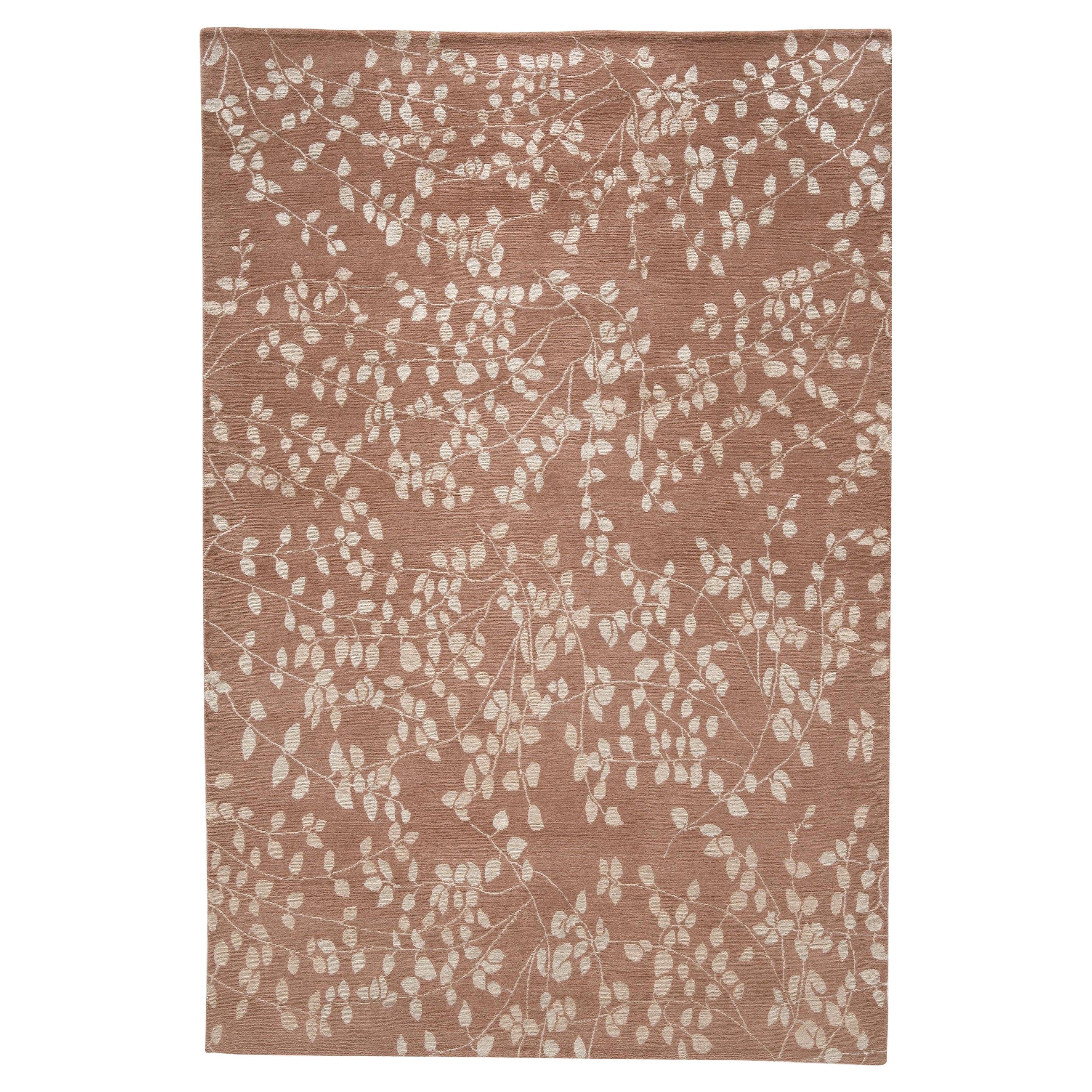 Tapis de luxe moderne noué à la main, feuilles d'impératrice roses 12x16 en vente