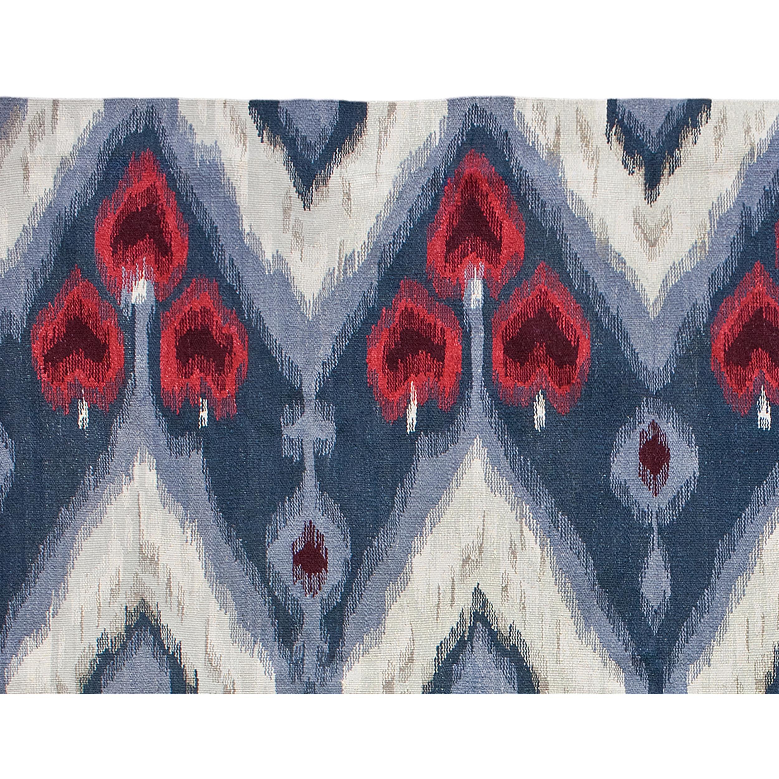 Chinese Luxury Modern Hand-Knotted Flatweave Ikat IV Blue 10X14 Rug For Sale