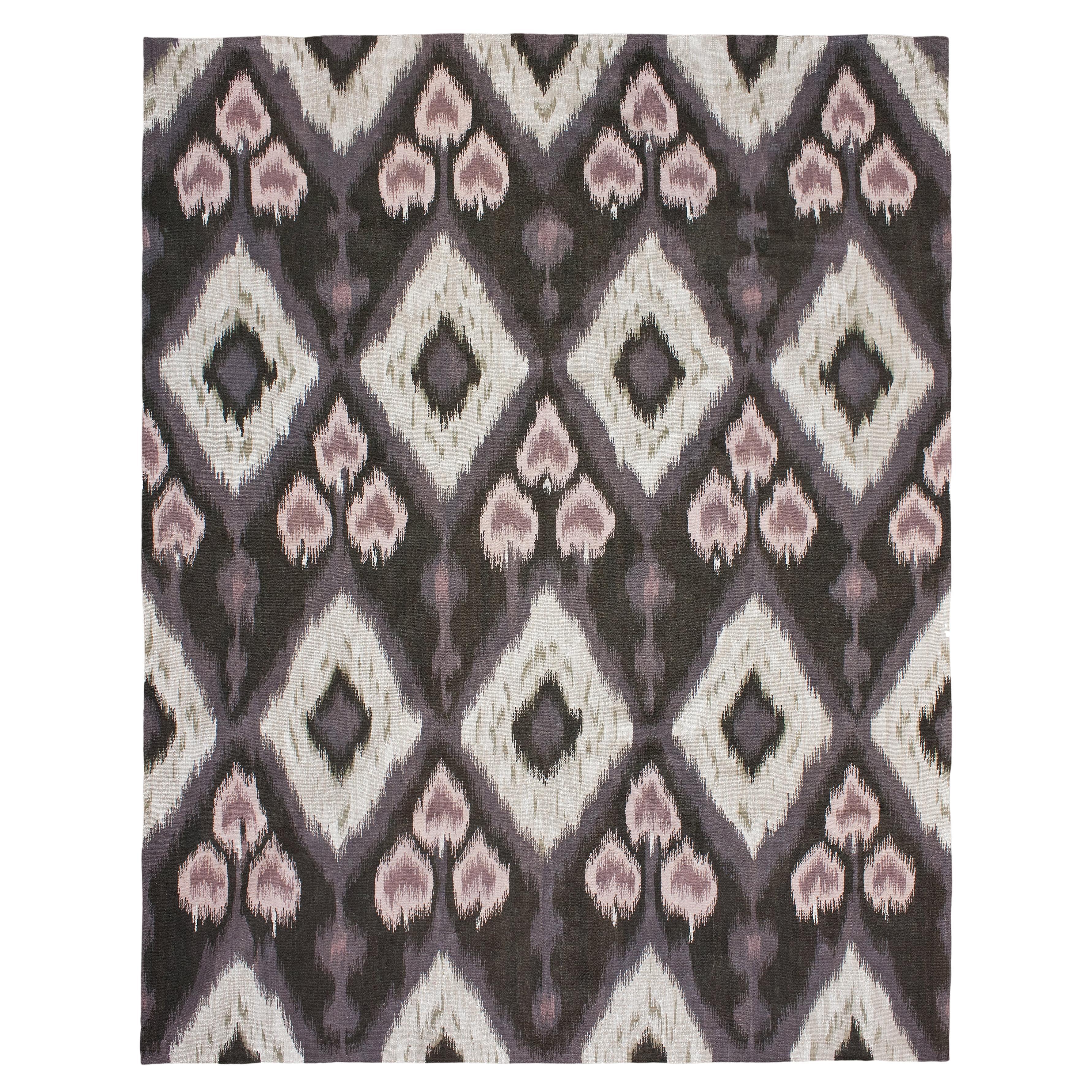 Luxury Modern Hand-Knotted Flatweave Ikat V Brown 10X14 Rug For Sale