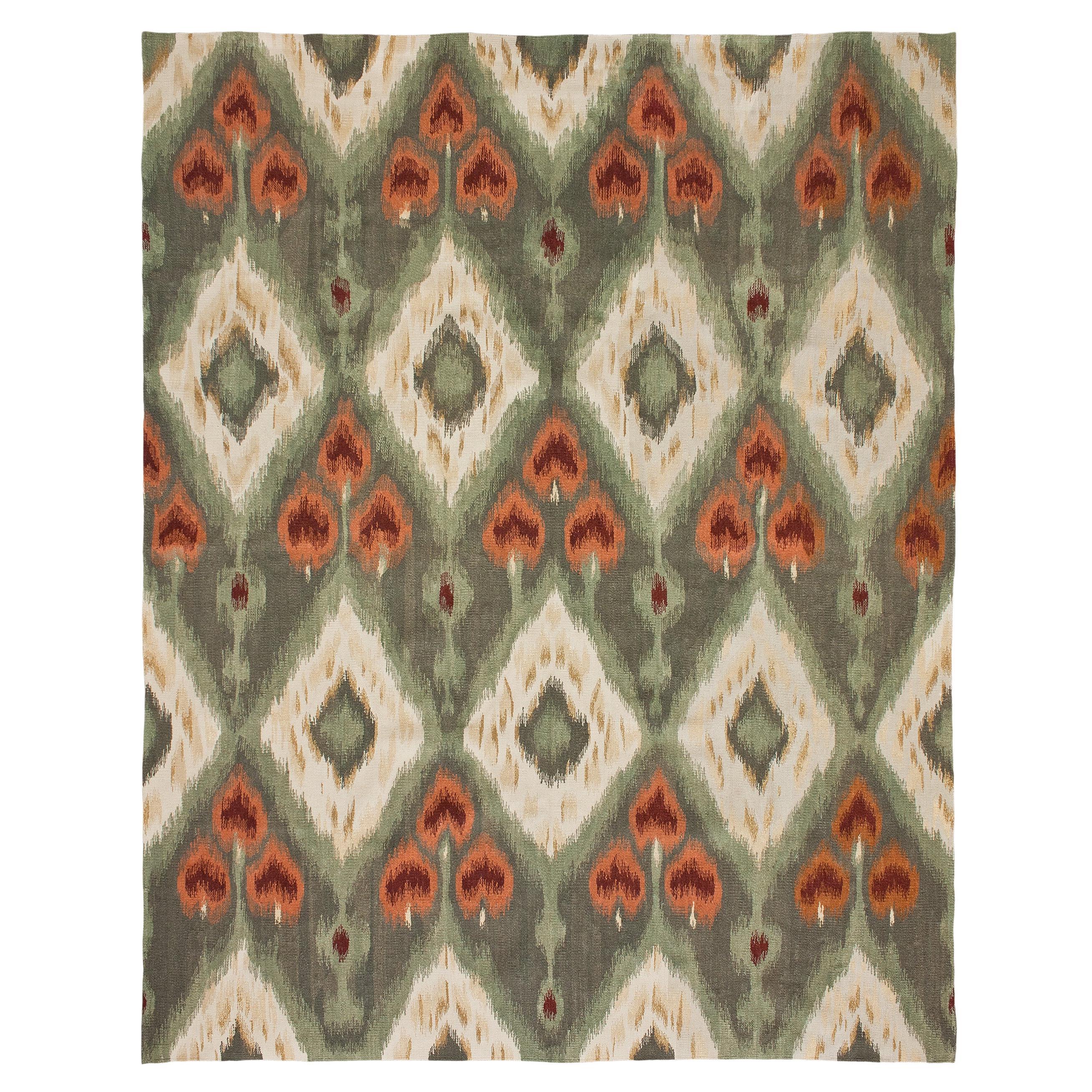 Luxury Modern Hand-Knotted Flatweave Ikat VI Green 10x14 Rug For Sale