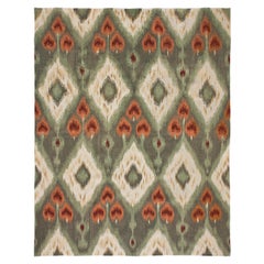 Luxury Modern Hand-Knotted Flatweave Ikat VI Green 10x14 Rug